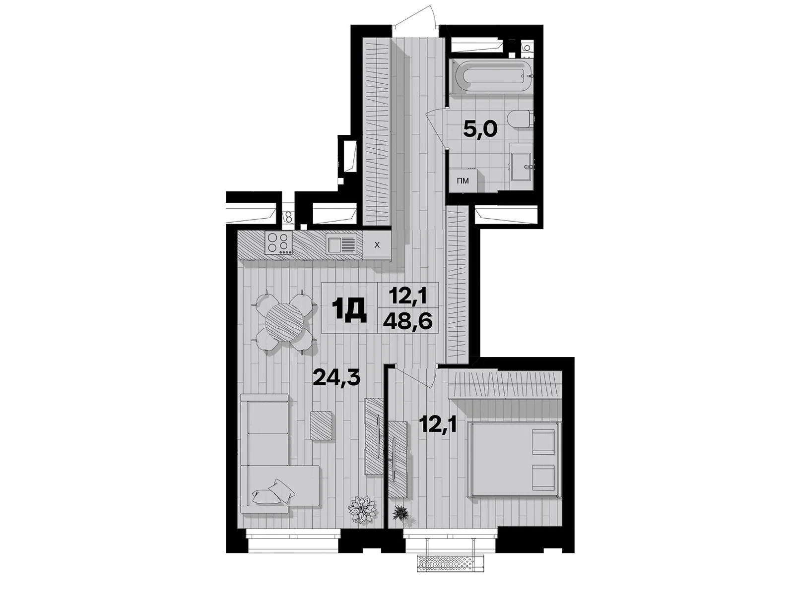 Продается 1-комнатная квартира 48.6 кв. м в Виннице, пер. Кирпичный, 12 - фото 1