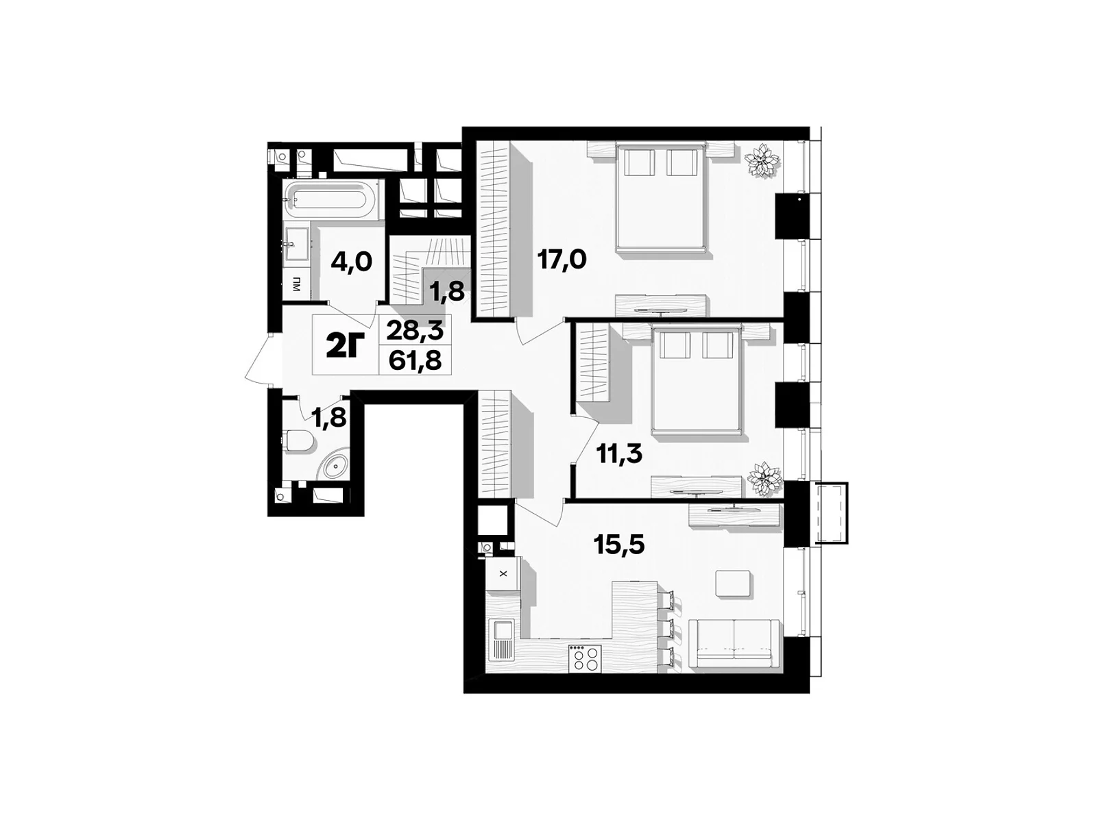 Продается 2-комнатная квартира 61.8 кв. м в Виннице, пер. Кирпичный, 12 - фото 1