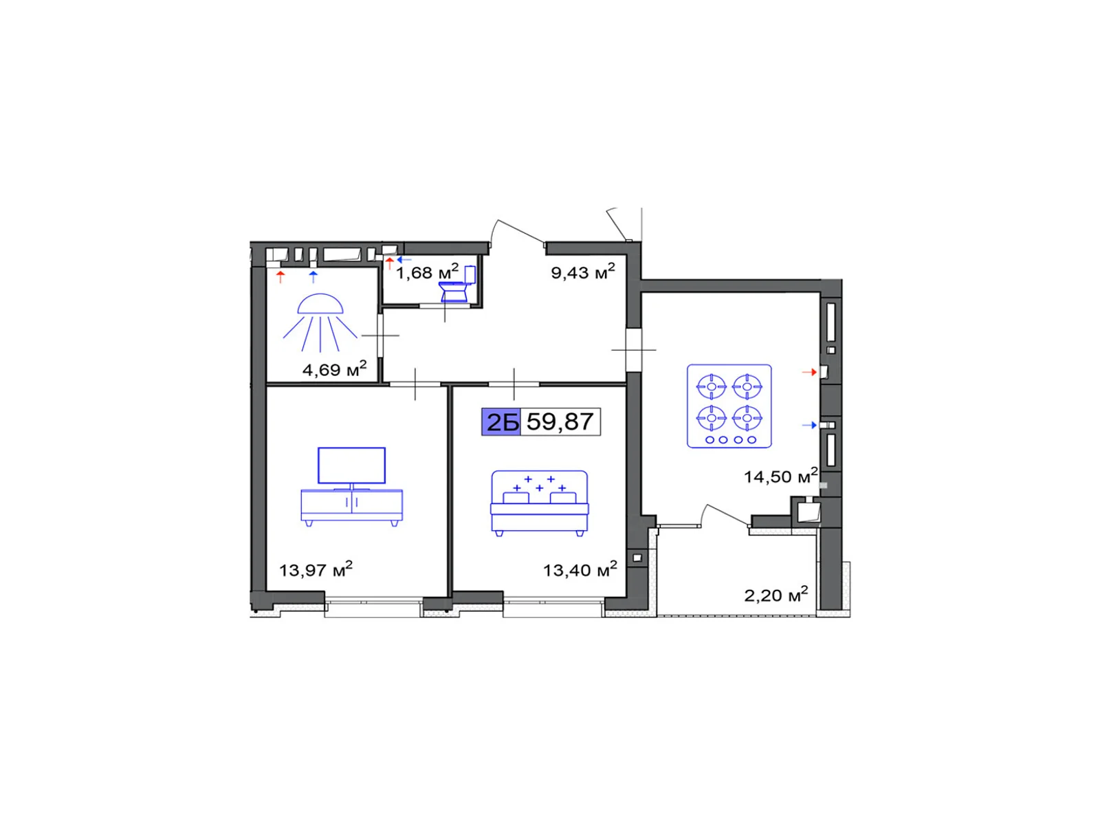 Продається 2-кімнатна квартира 59.87 кв. м у Черкасах, вул. Маламужа Олександра, 31 - фото 1