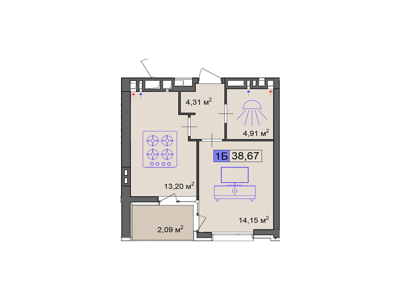 Продается 1-комнатная квартира 38.67 кв. м в Черкассах, ул. Маламужа Александра, 31 - фото 1