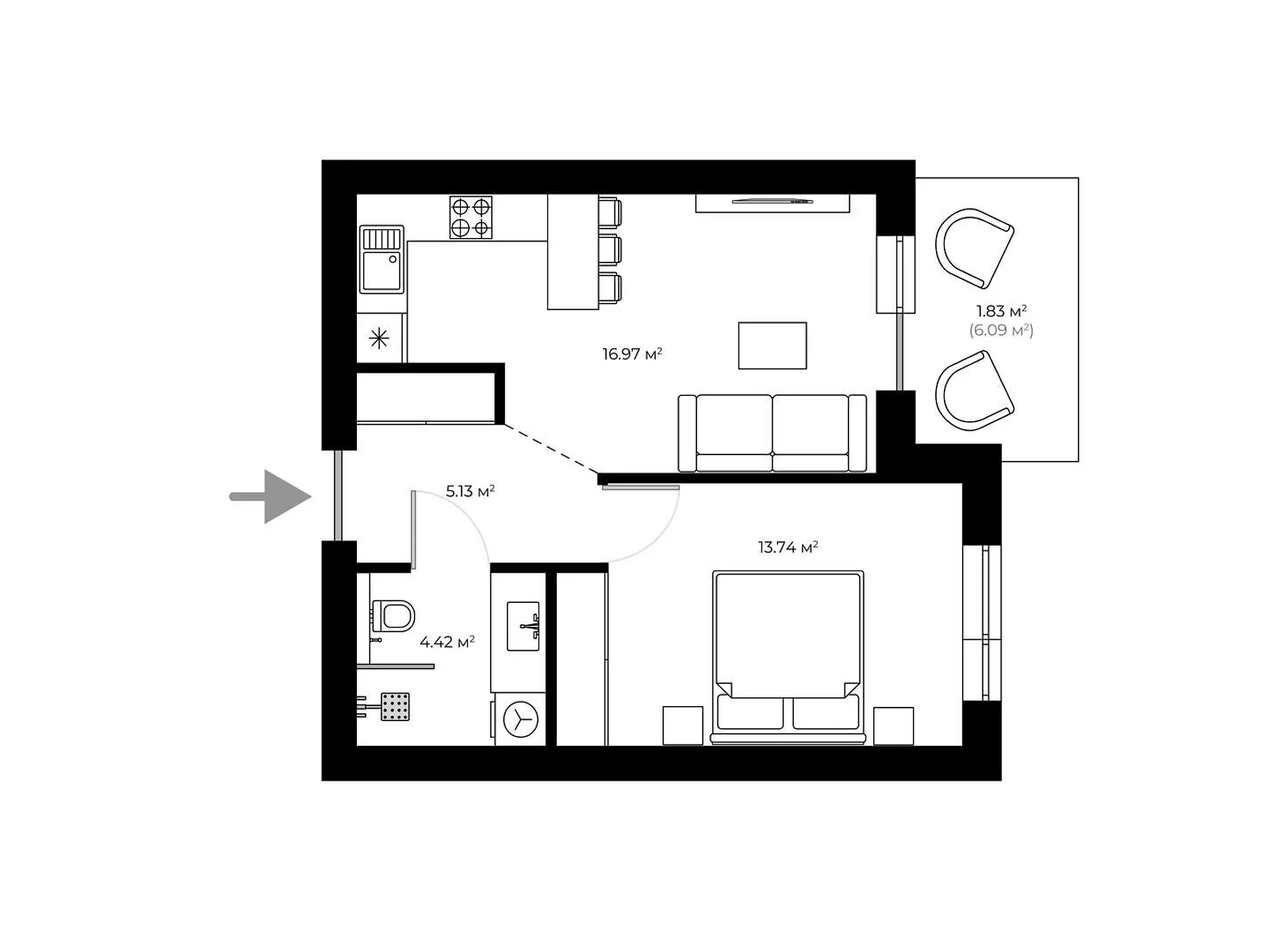 Продається 1-кімнатна квартира 42.1 кв. м у Ужгороді, вул. Мальовнича, 1 - фото 1