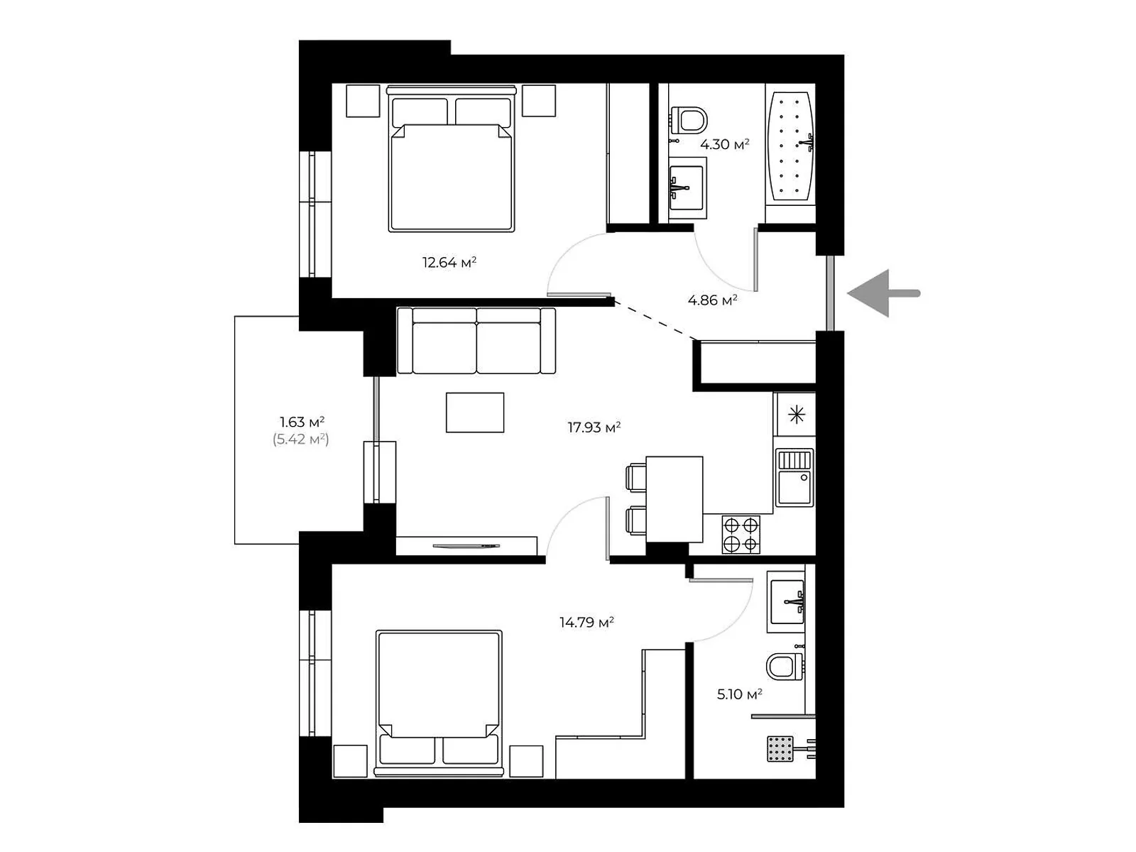 Продається 2-кімнатна квартира 61.3 кв. м у Ужгороді, вул. Мальовнича, 1 - фото 1