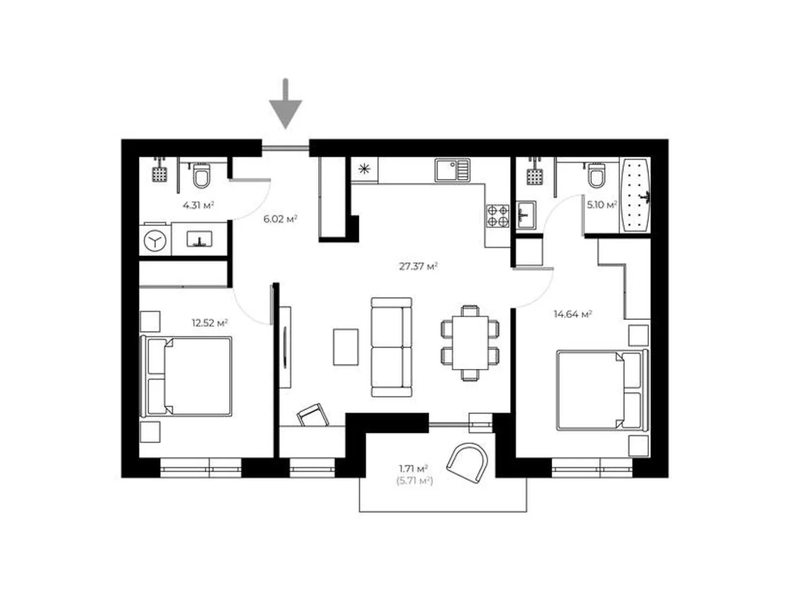 Продається 2-кімнатна квартира 71.7 кв. м у Ужгороді, вул. Мальовнича, 1 - фото 1