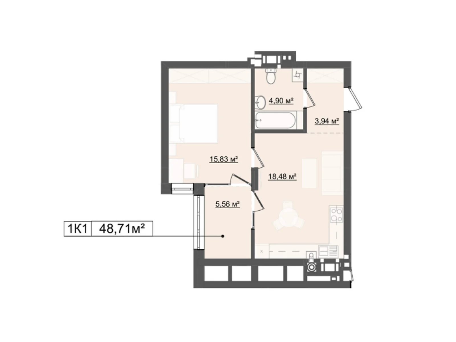 Продается 1-комнатная квартира 48.7 кв. м в Львове, цена: 73050 $ - фото 1