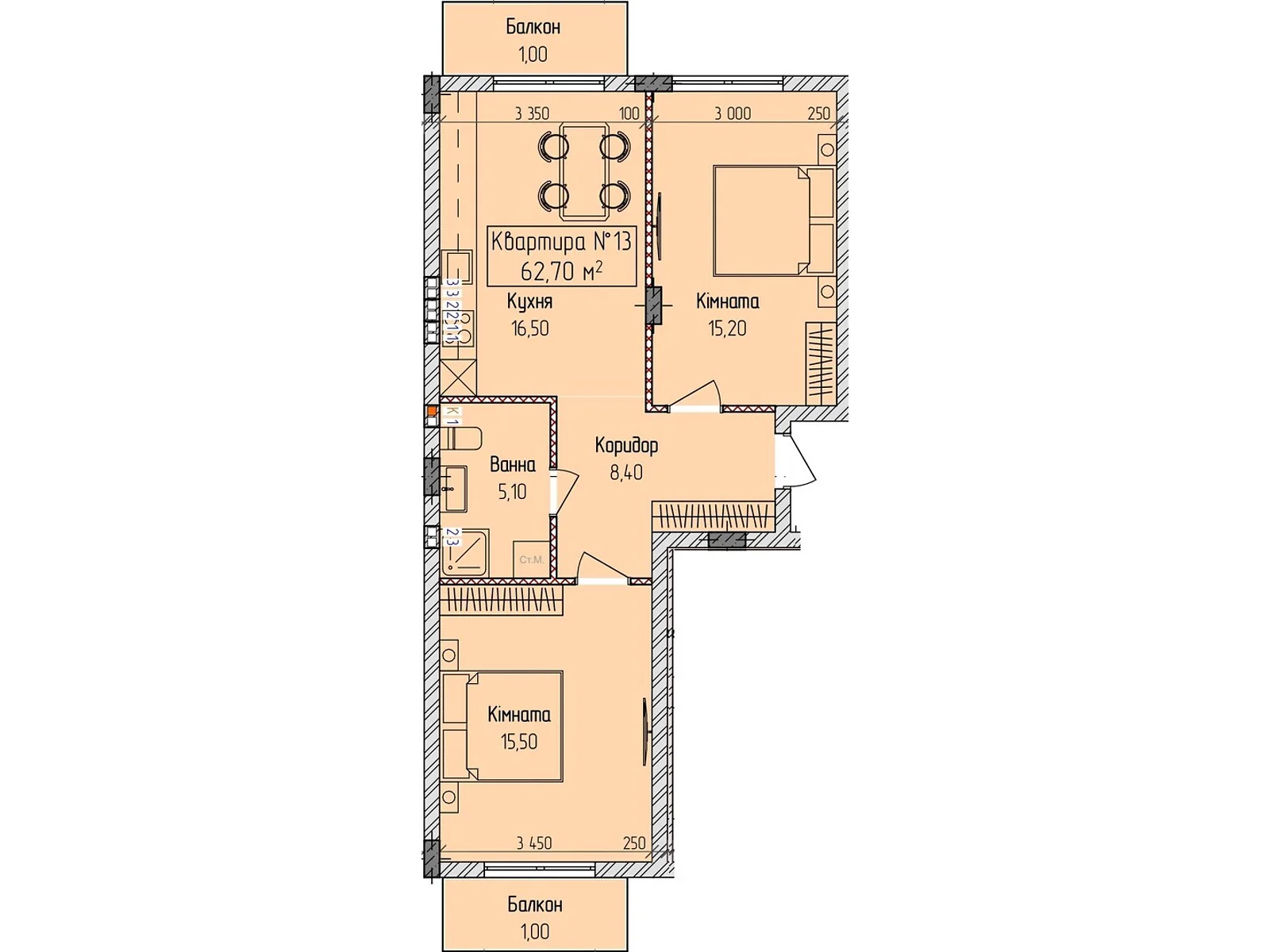 Продається 2-кімнатна квартира 62.7 кв. м у Ужгороді, вул. Загорська, 188 - фото 1