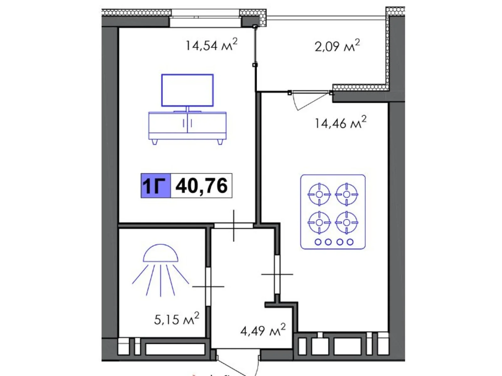Продається 1-кімнатна квартира 40.76 кв. м у Черкасах, цена: 38722 $ - фото 1