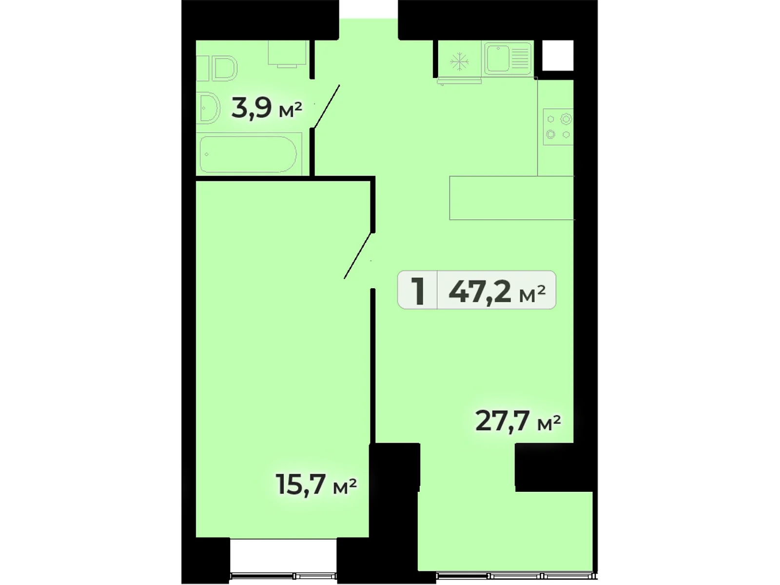 1-кімнатна квартира 47.2 кв. м у Тернополі, вул. Довженка Олександра, 14Б - фото 1