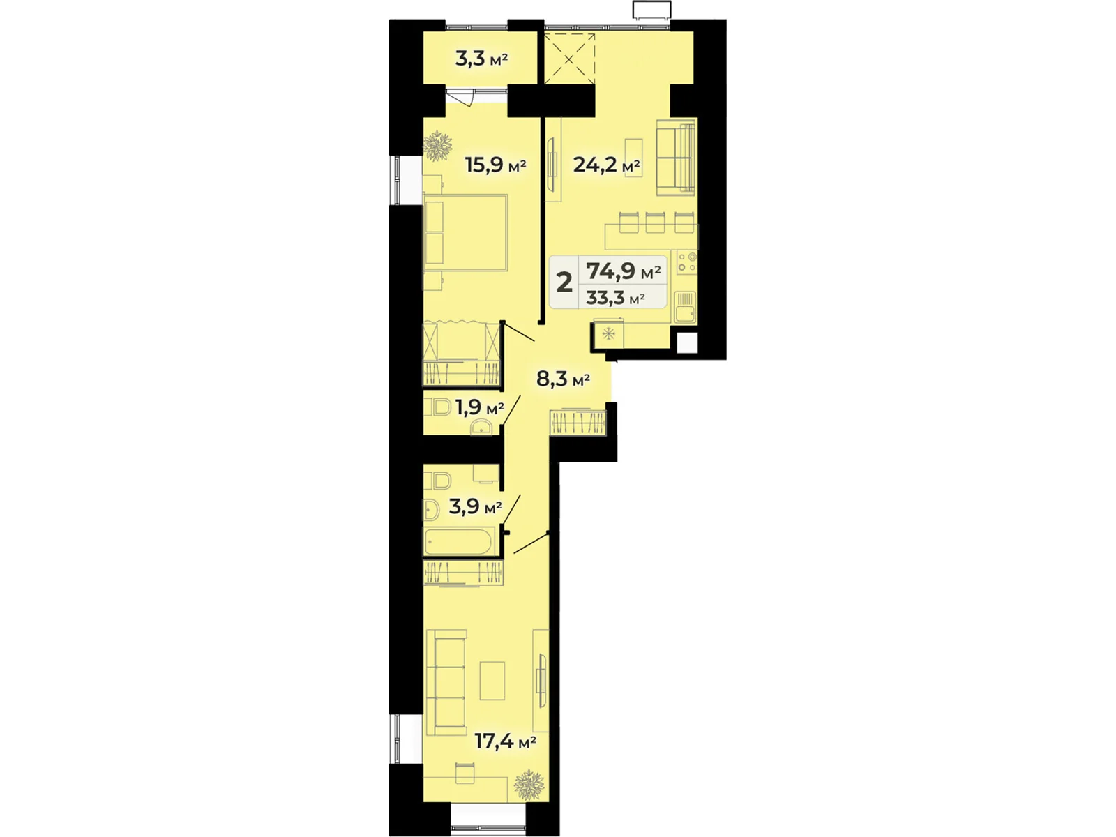 2-кімнатна квартира 74.9 кв. м у Тернополі, вул. Довженка Олександра, 14Б - фото 1