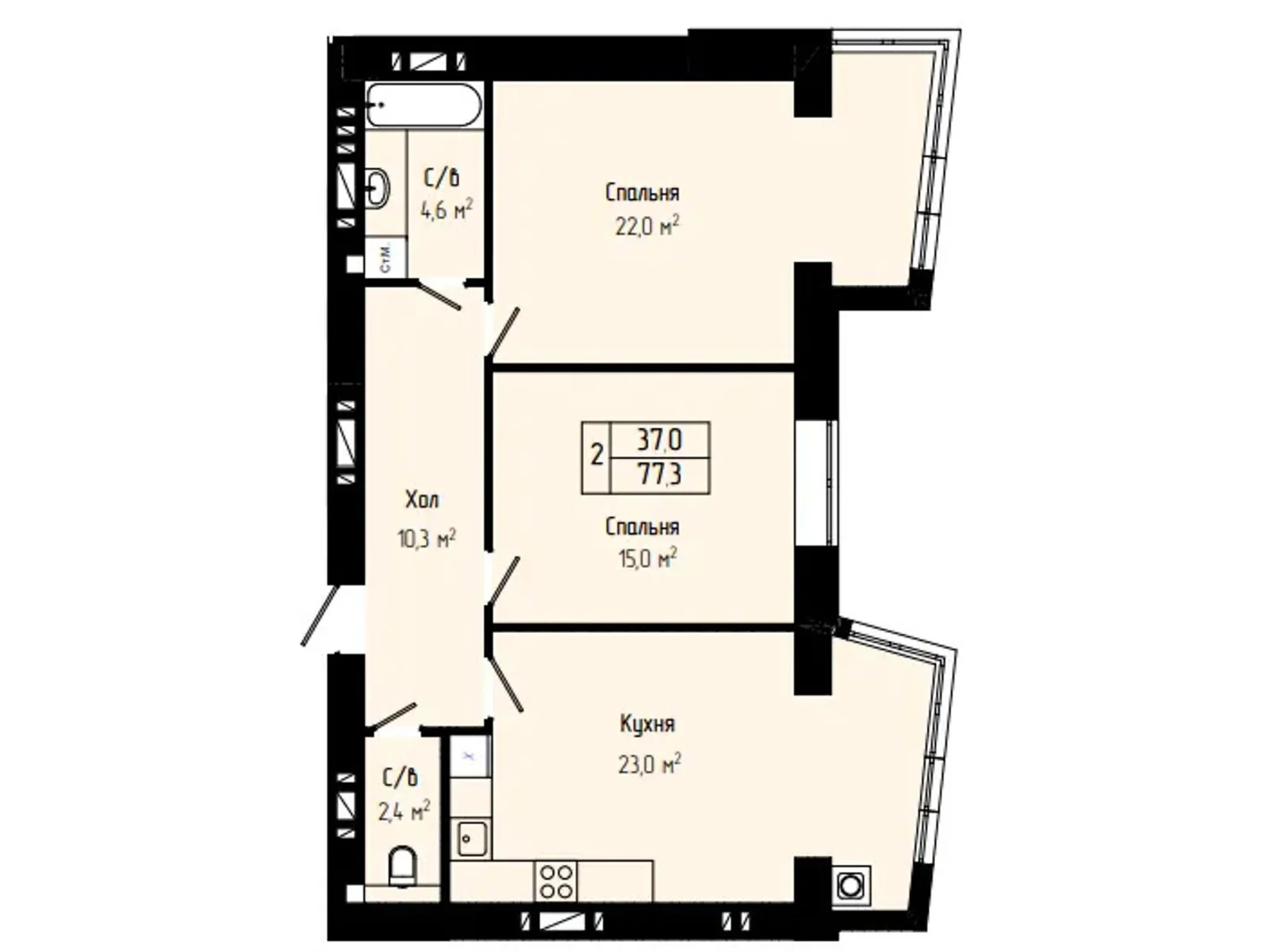 Продається 2-кімнатна квартира 77.3 кв. м у Хмельницькому, вул. Панаса Мирного, 9 - фото 1