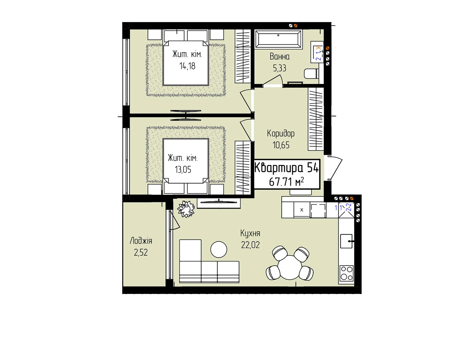 Продається 2-кімнатна квартира 67.71 кв. м у Ужгороді, вул. Собранецька, 129 - фото 1