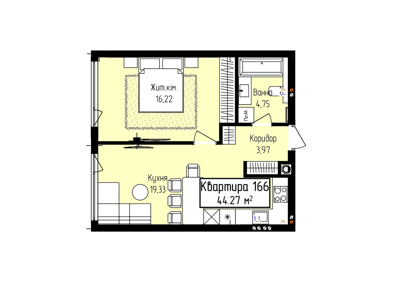 Продається 1-кімнатна квартира 44.27 кв. м у Ужгороді, вул. Собранецька, 129 - фото 1