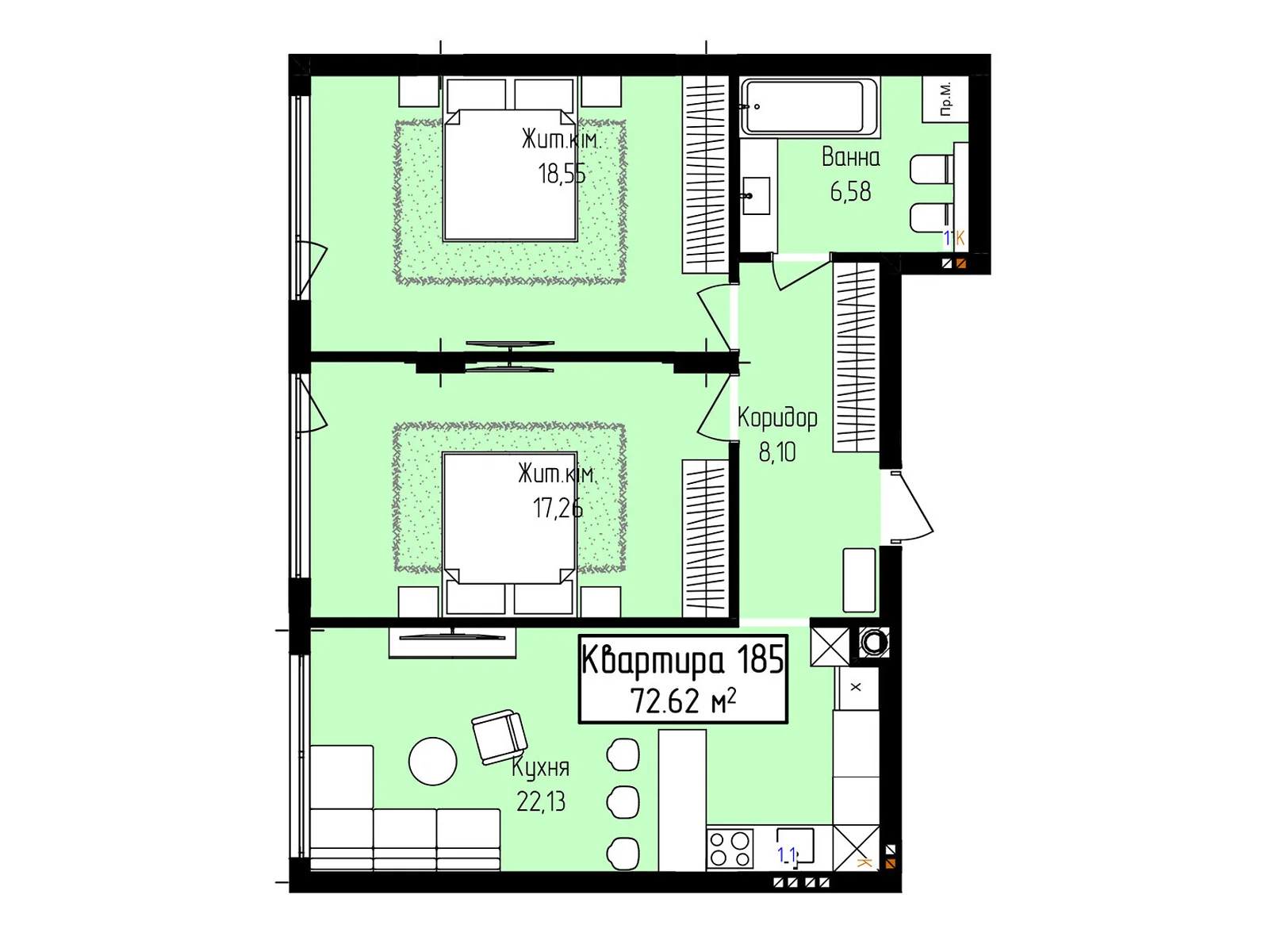 Продается 2-комнатная квартира 65.18 кв. м в Ужгороде, ул. Собранецкая, 129 - фото 1