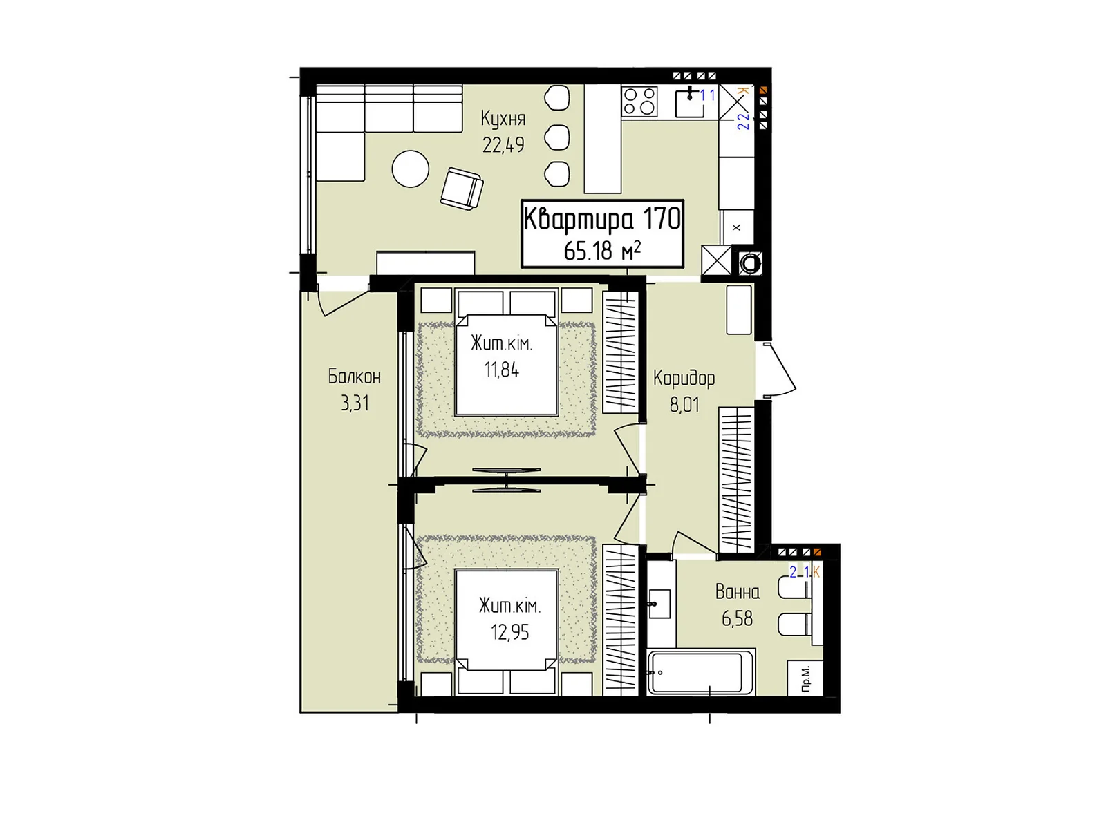Продается 2-комнатная квартира 65.18 кв. м в Ужгороде, ул. Собранецкая, 129 - фото 1