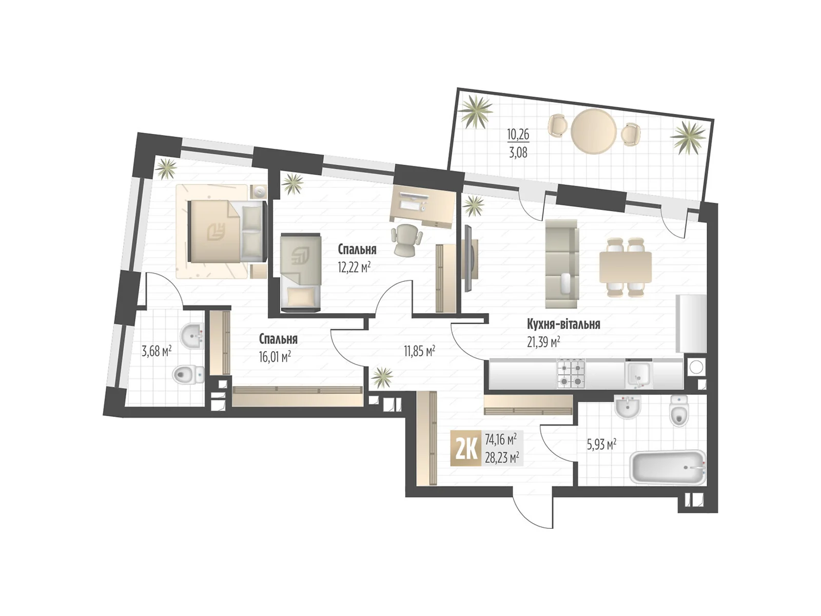 Продається 2-кімнатна квартира 74.16 кв. м у Львові, вул. Орлика, 52 - фото 1