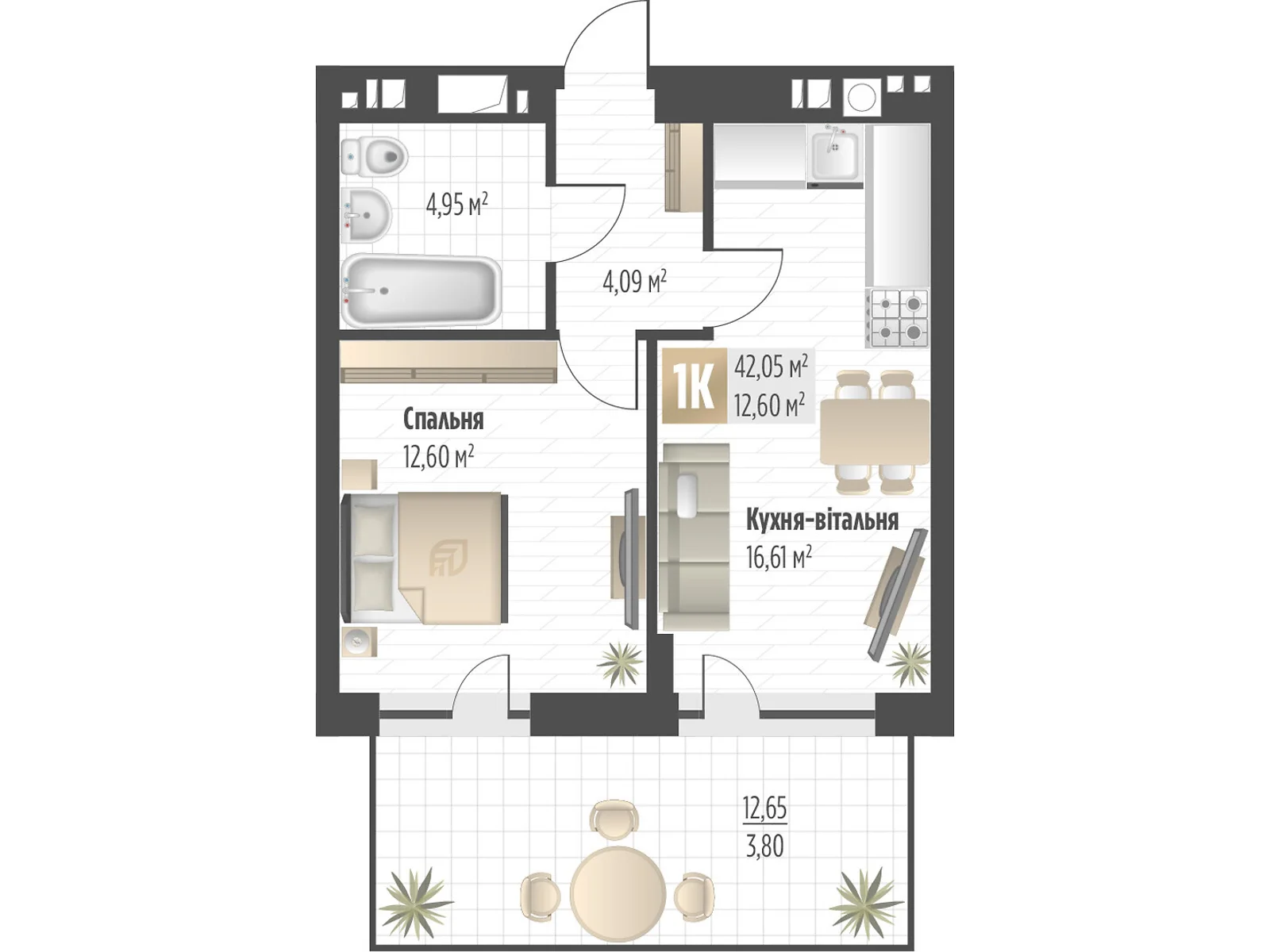 Продається 1-кімнатна квартира 42.05 кв. м у Львові, вул. Орлика, 52 - фото 1