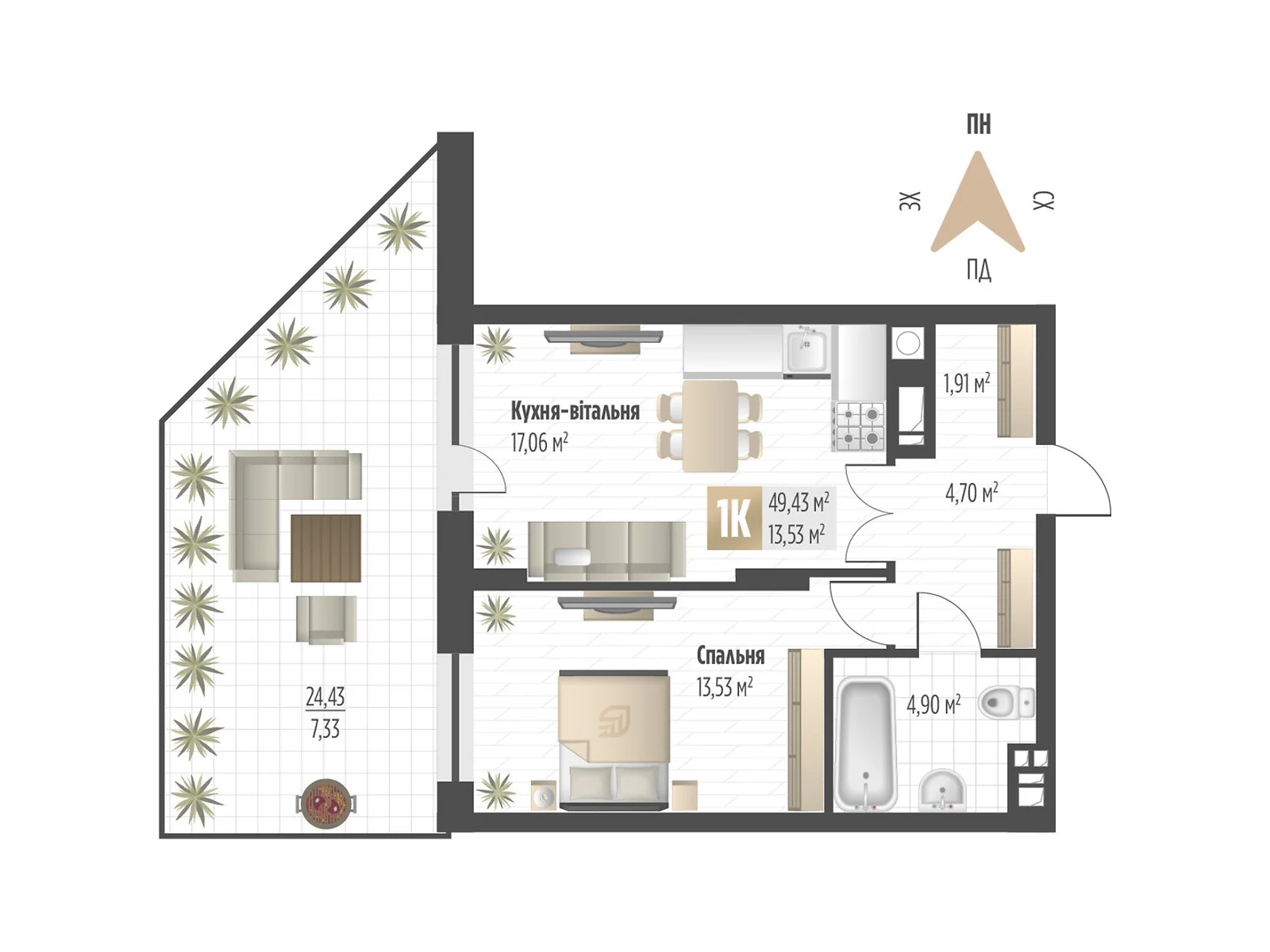 Продается 1-комнатная квартира 49.43 кв. м в Львове, ул. Орлика, 52 - фото 1