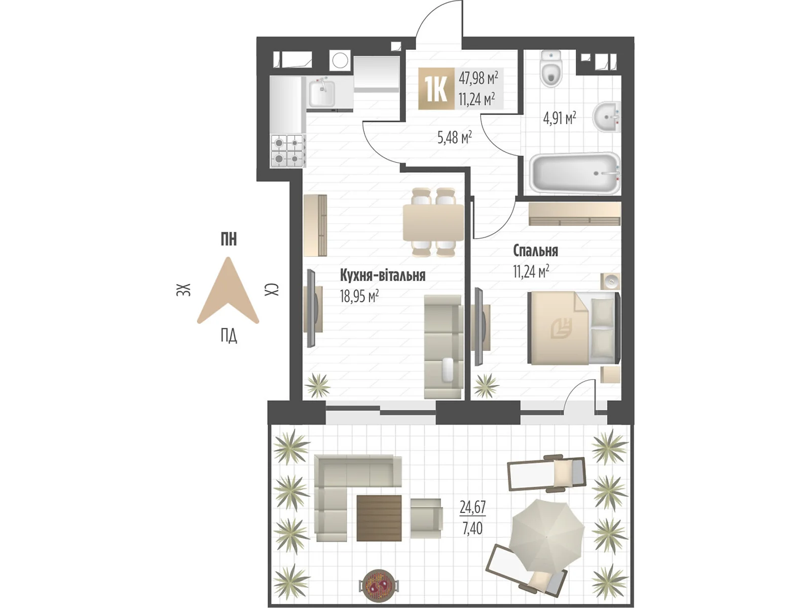 Продается 1-комнатная квартира 47.98 кв. м в Львове, ул. Орлика, 52 - фото 1