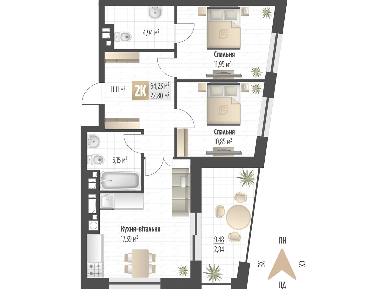 Продається 2-кімнатна квартира 64.23 кв. м у Львові, вул. Орлика, 52 - фото 1