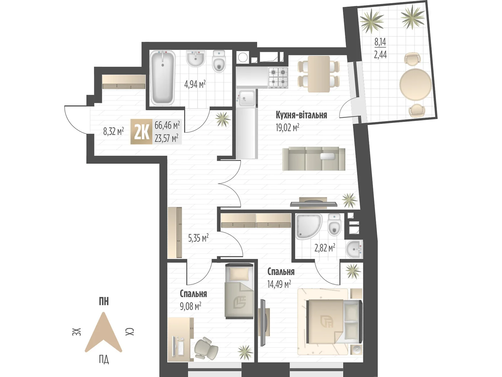 Продається 2-кімнатна квартира 66.46 кв. м у Львові, вул. Орлика, 52 - фото 1