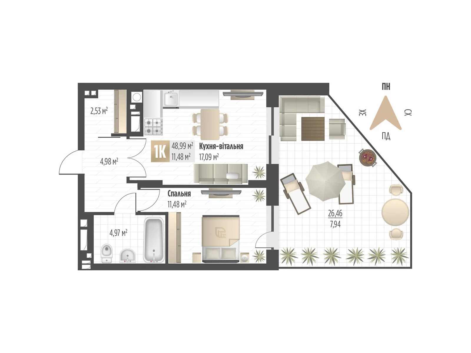 Продается 1-комнатная квартира 48.99 кв. м в Львове, ул. Орлика, 52 - фото 1