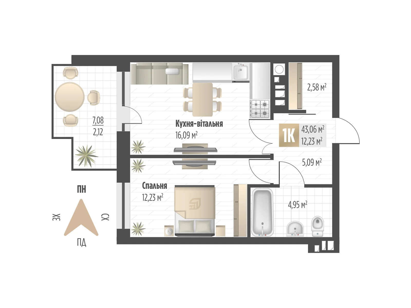 Продается 1-комнатная квартира 43.06 кв. м в Львове, ул. Орлика, 52 - фото 1