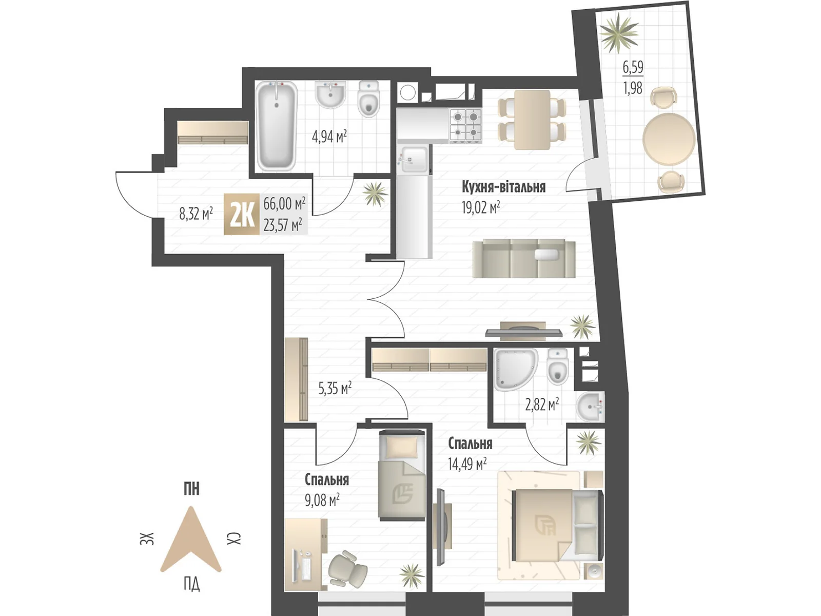 Продается 2-комнатная квартира 66 кв. м в Львове, цена: 88235 $ - фото 1