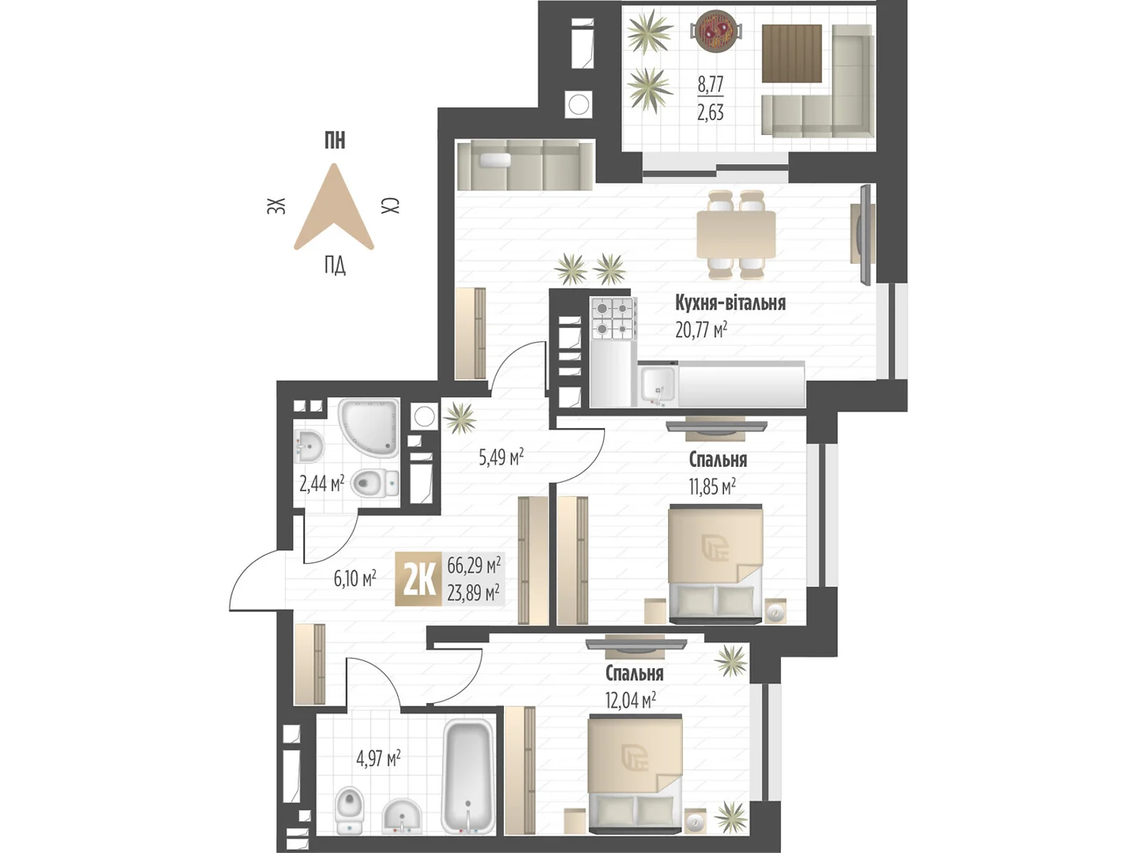 Продается 2-комнатная квартира 66.29 кв. м в Львове, ул. Орлика, 52 - фото 1