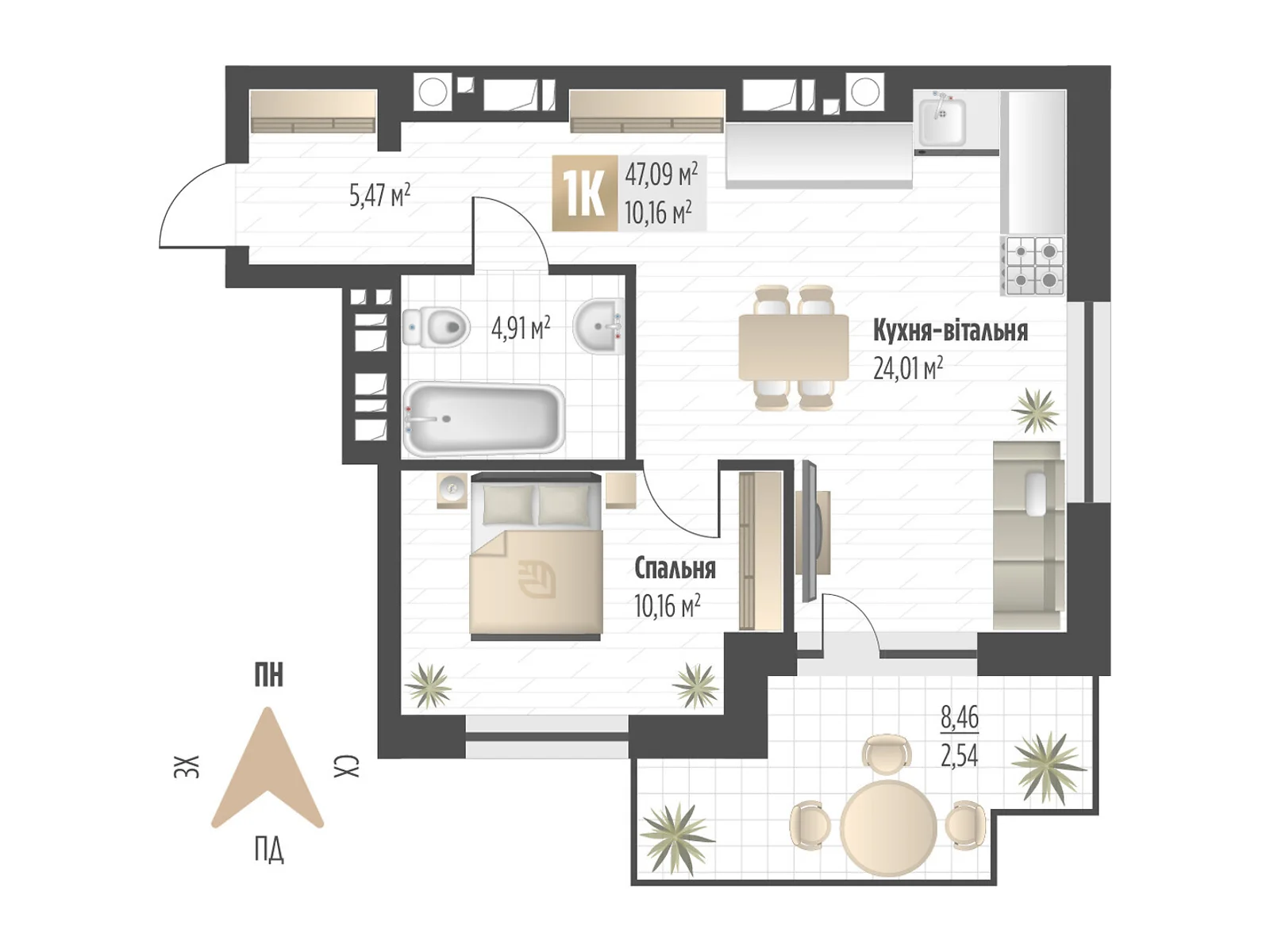 Продается 1-комнатная квартира 47.09 кв. м в Львове, цена: 64834 $ - фото 1