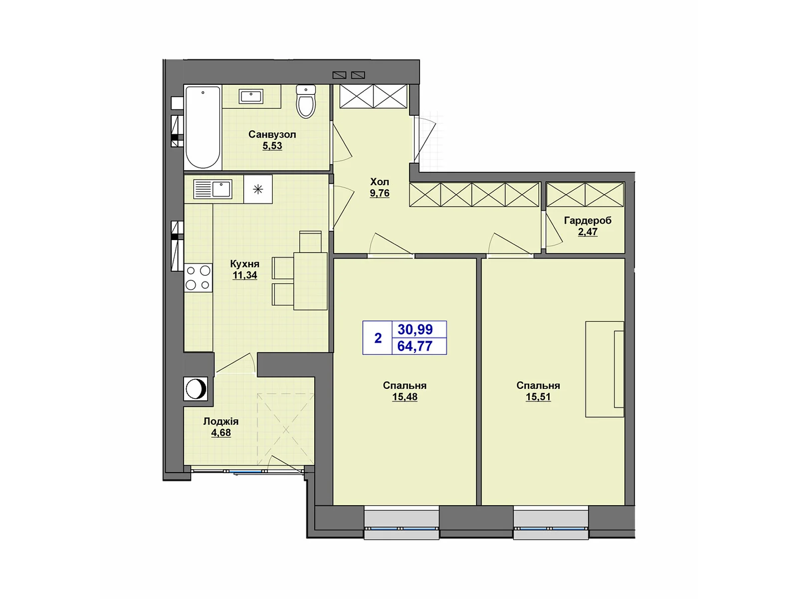 Продается 2-комнатная квартира 64.77 кв. м в Хмельницком, цена: 48578 $ - фото 1