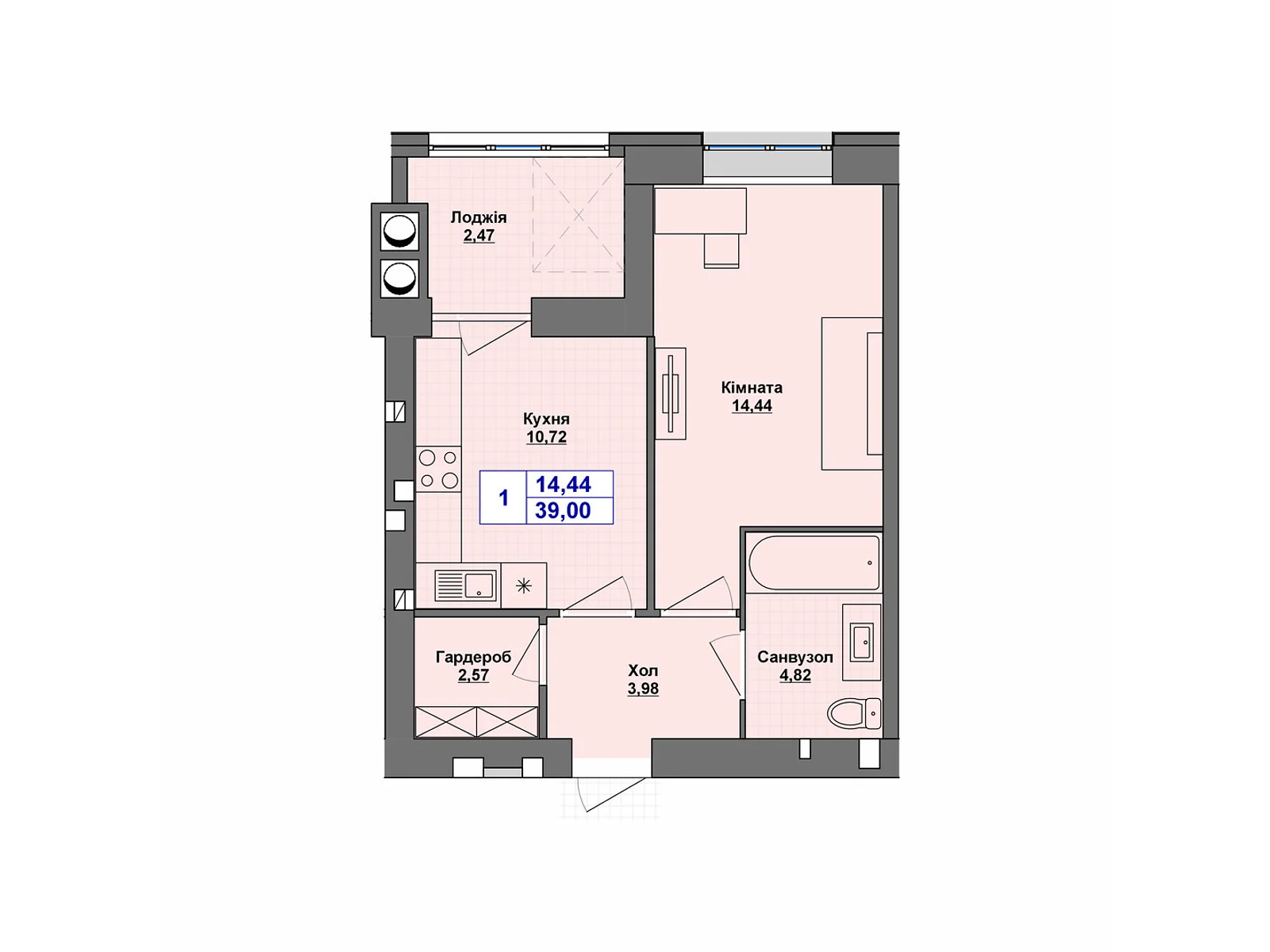 Продается 1-комнатная квартира 39 кв. м в Хмельницком, цена: 30030 $ - фото 1