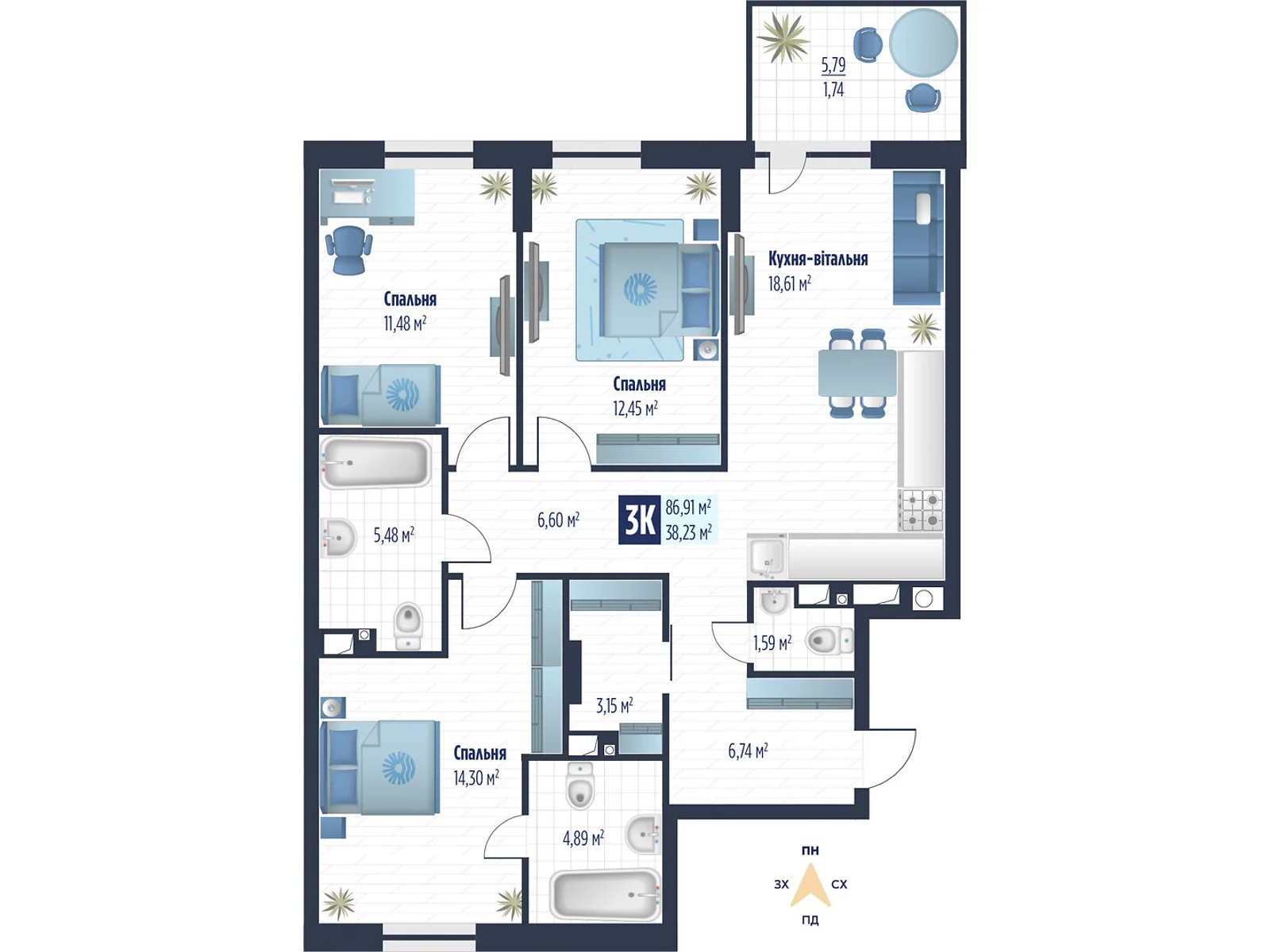 Продается 3-комнатная квартира 86.91 кв. м в Сокольниках, ул. боковая Стрыйская, 1 - фото 1