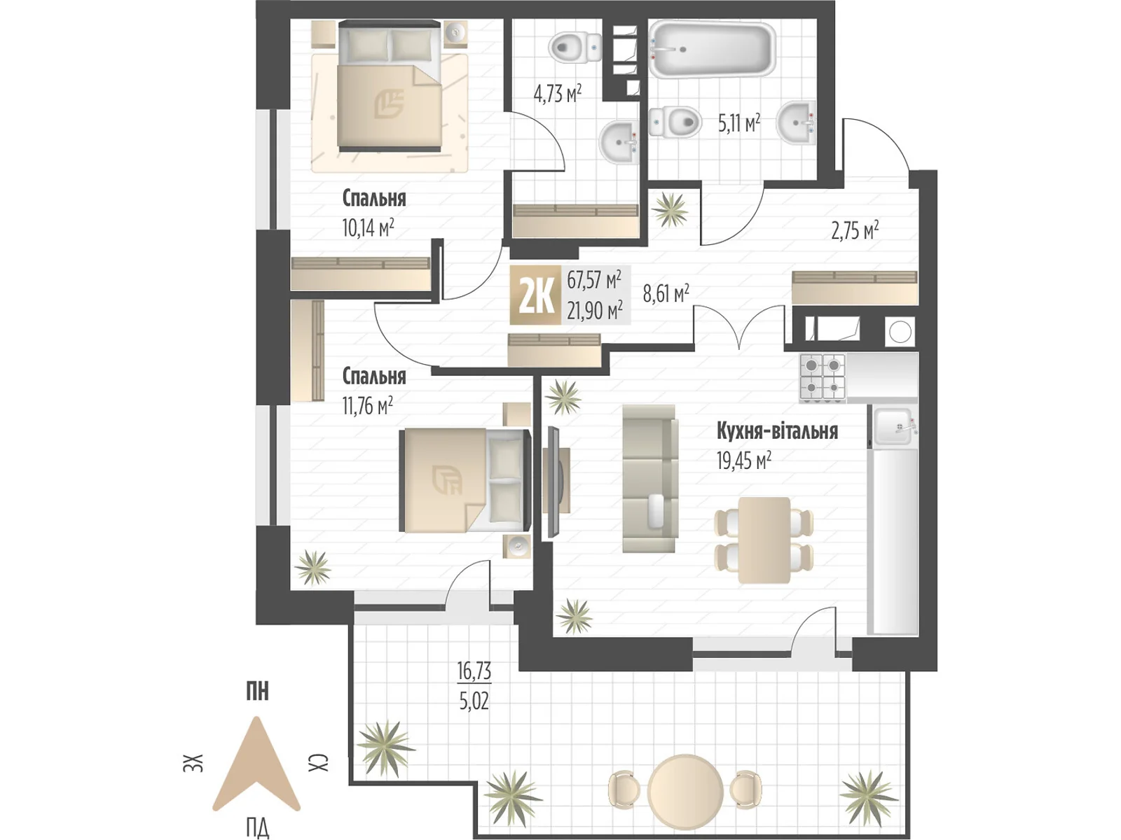Продається 2-кімнатна квартира 67.57 кв. м у Львові, цена: 103605 $ - фото 1