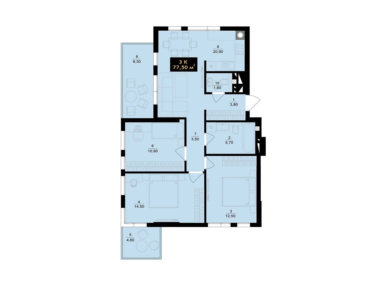 Продается 3-комнатная квартира 77.5 кв. м в Черновцах, ул. Олексы Алмазова(Кутузова), 4 - фото 1