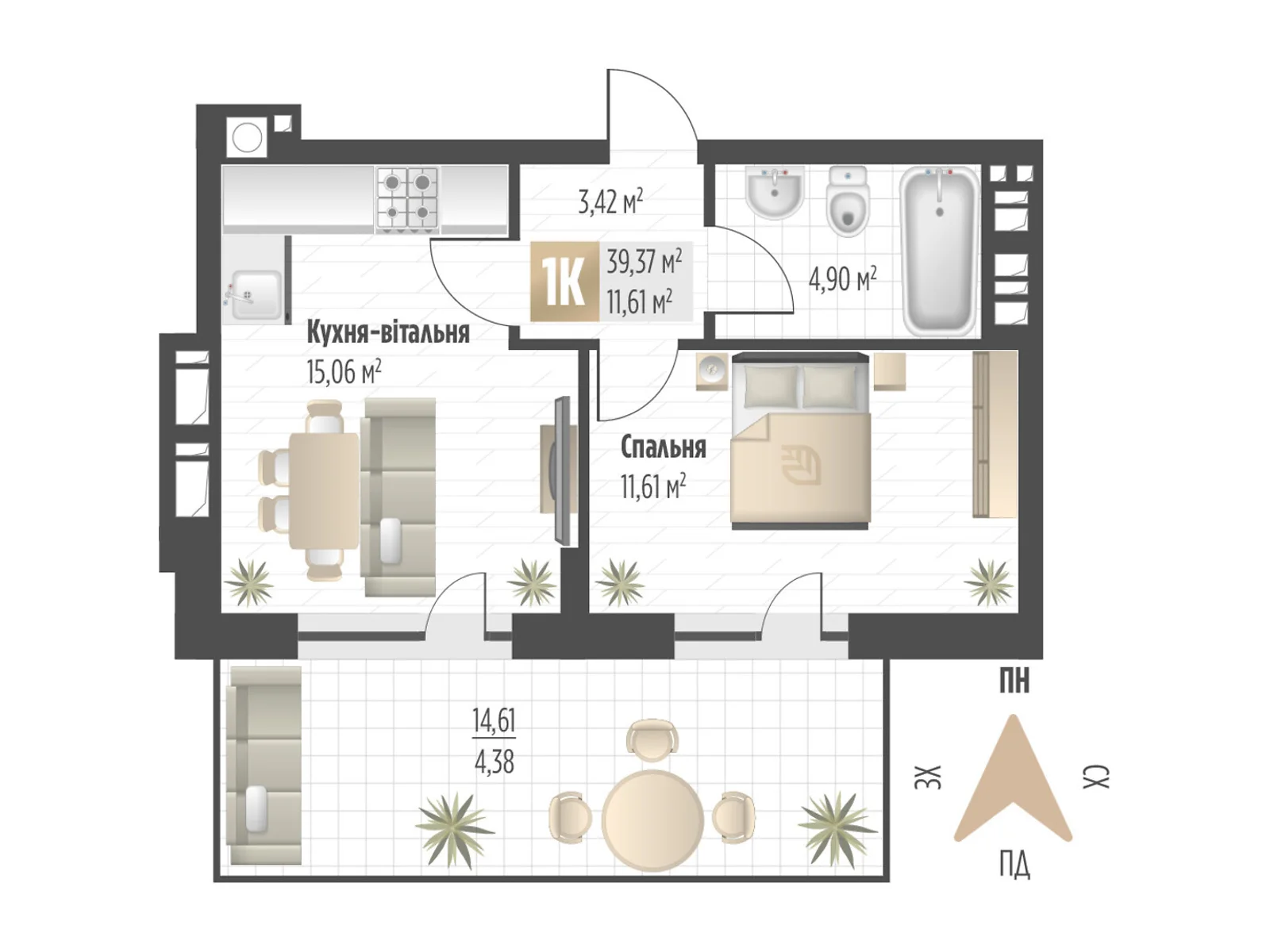 Продается 1-комнатная квартира 39.37 кв. м в Львове, ул. Орлика, 52 - фото 1