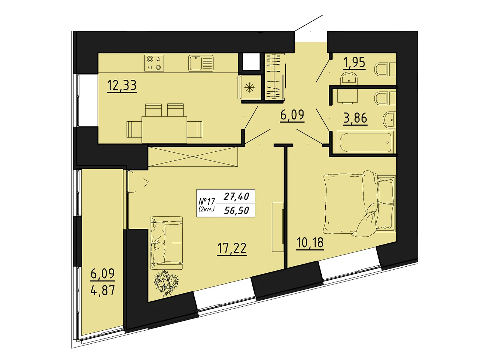 2-кімнатна квартира 56.5 кв. м у Тернополі, вул. Микулинецька, 116 - фото 1