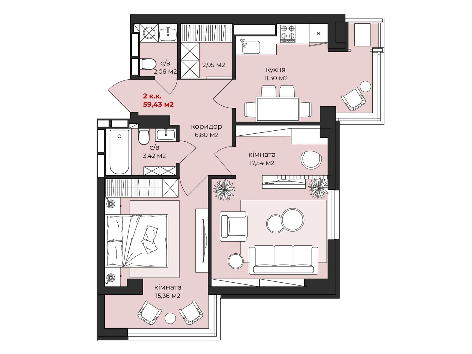 Продається 2-кімнатна квартира 59.43 кв. м у Житомирі, вул. Михайла Грушевського, 11 - фото 1