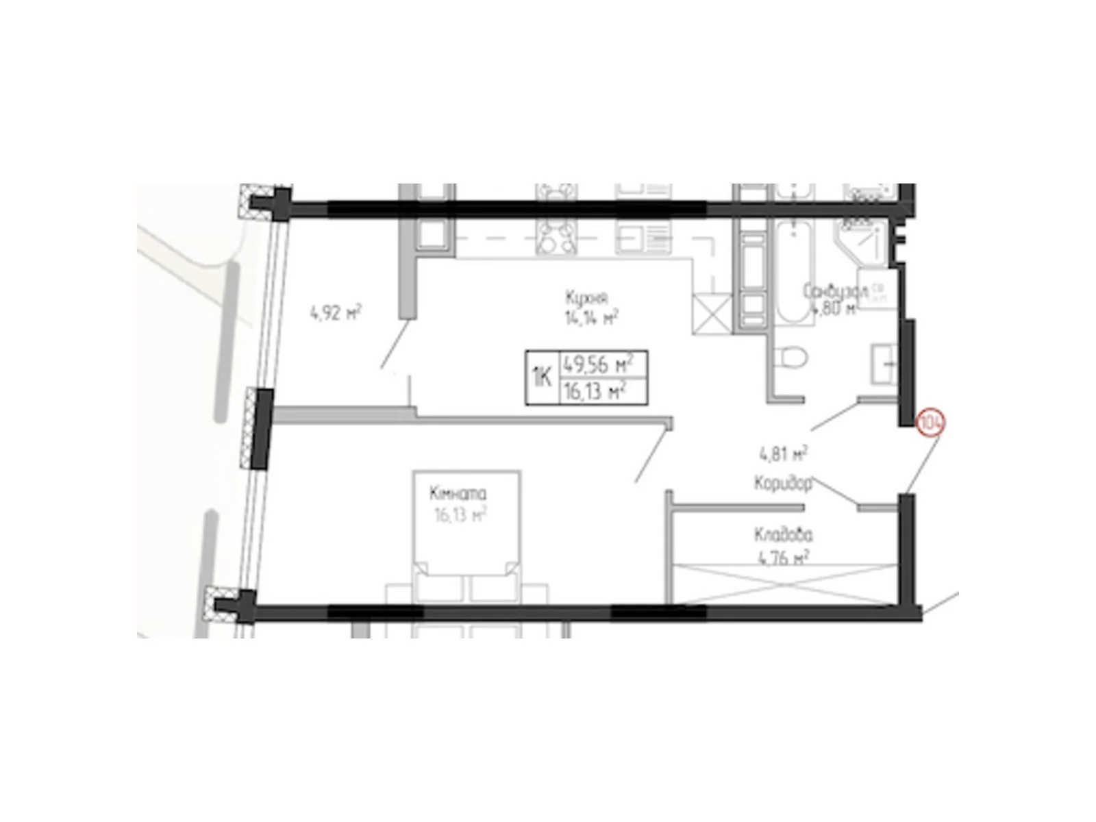 1-комнатная квартира 42.86 кв. м в Тернополе, ул. Спортивная, 8 - фото 1