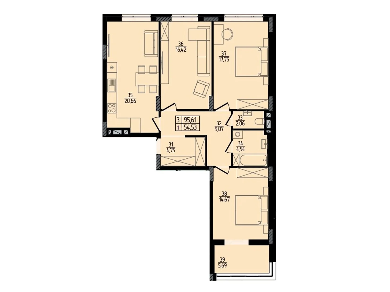 Продается 3-комнатная квартира 95.61 кв. м в Хмельницком, ул. Каменецкая, 137А - фото 1