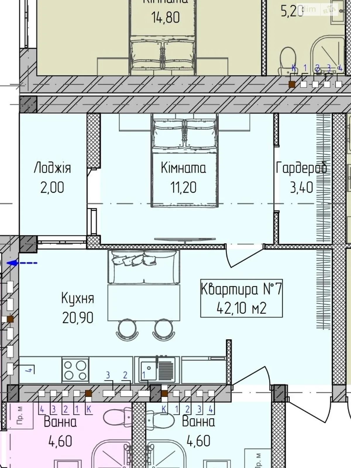 Продается 1-комнатная квартира 42.2 кв. м в, цена: 42500 $ - фото 1