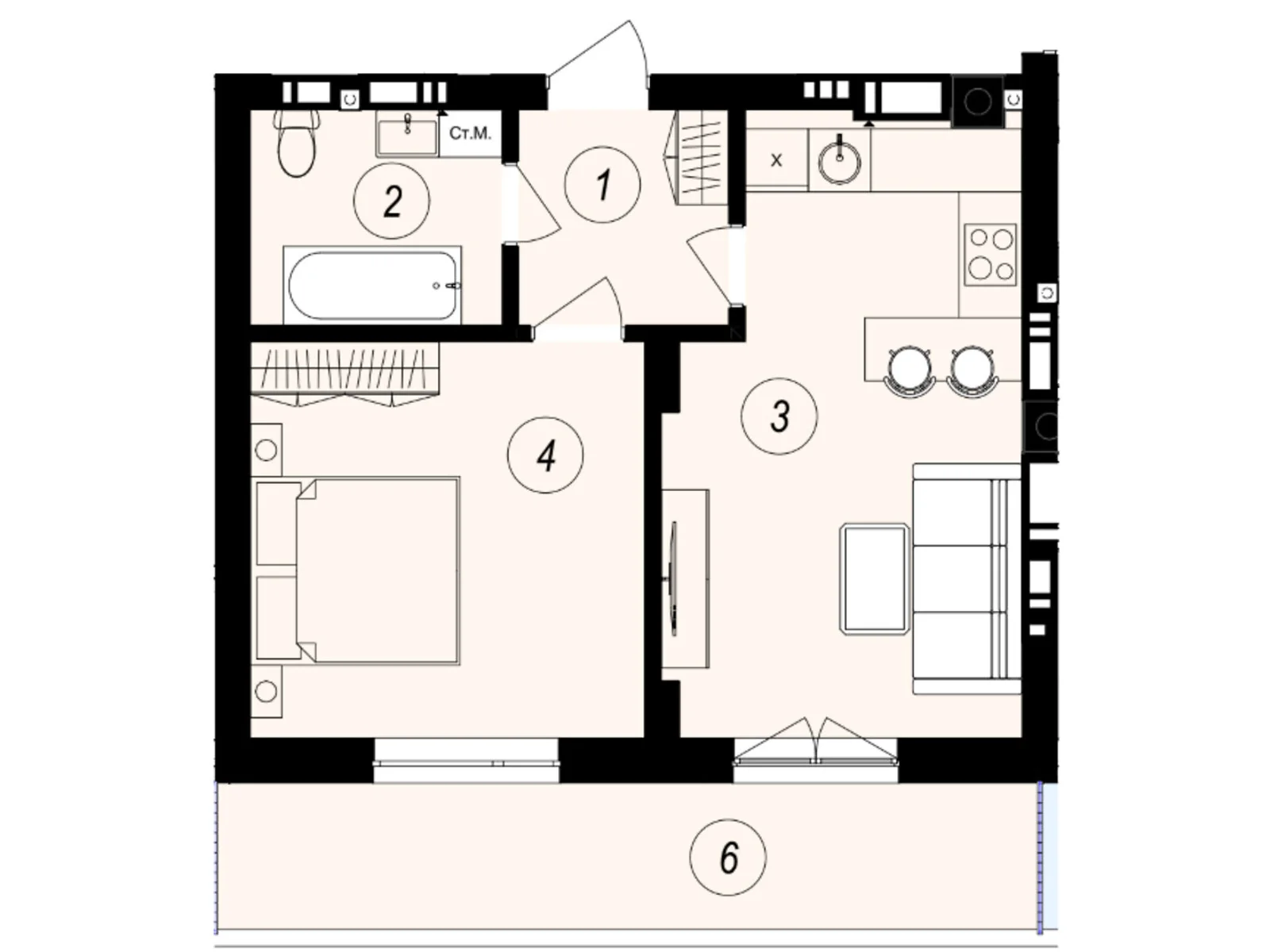 Продается 1-комнатная квартира 41.71 кв. м в Ужгороде, ул. Тлехаса, 89А - фото 1