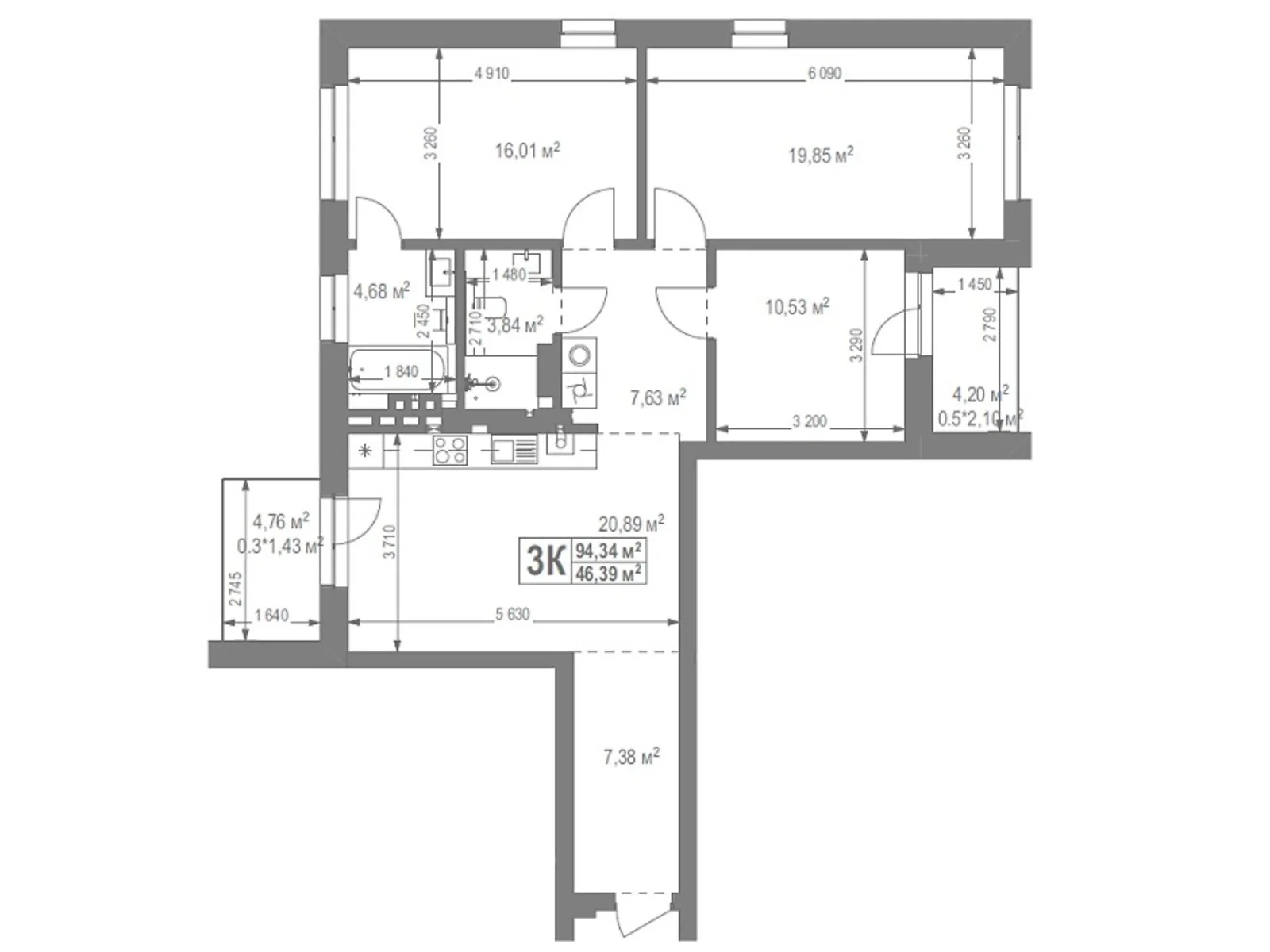 Продается 3-комнатная квартира 94.34 кв. м в Львове, ул. Лисеницкая - фото 1