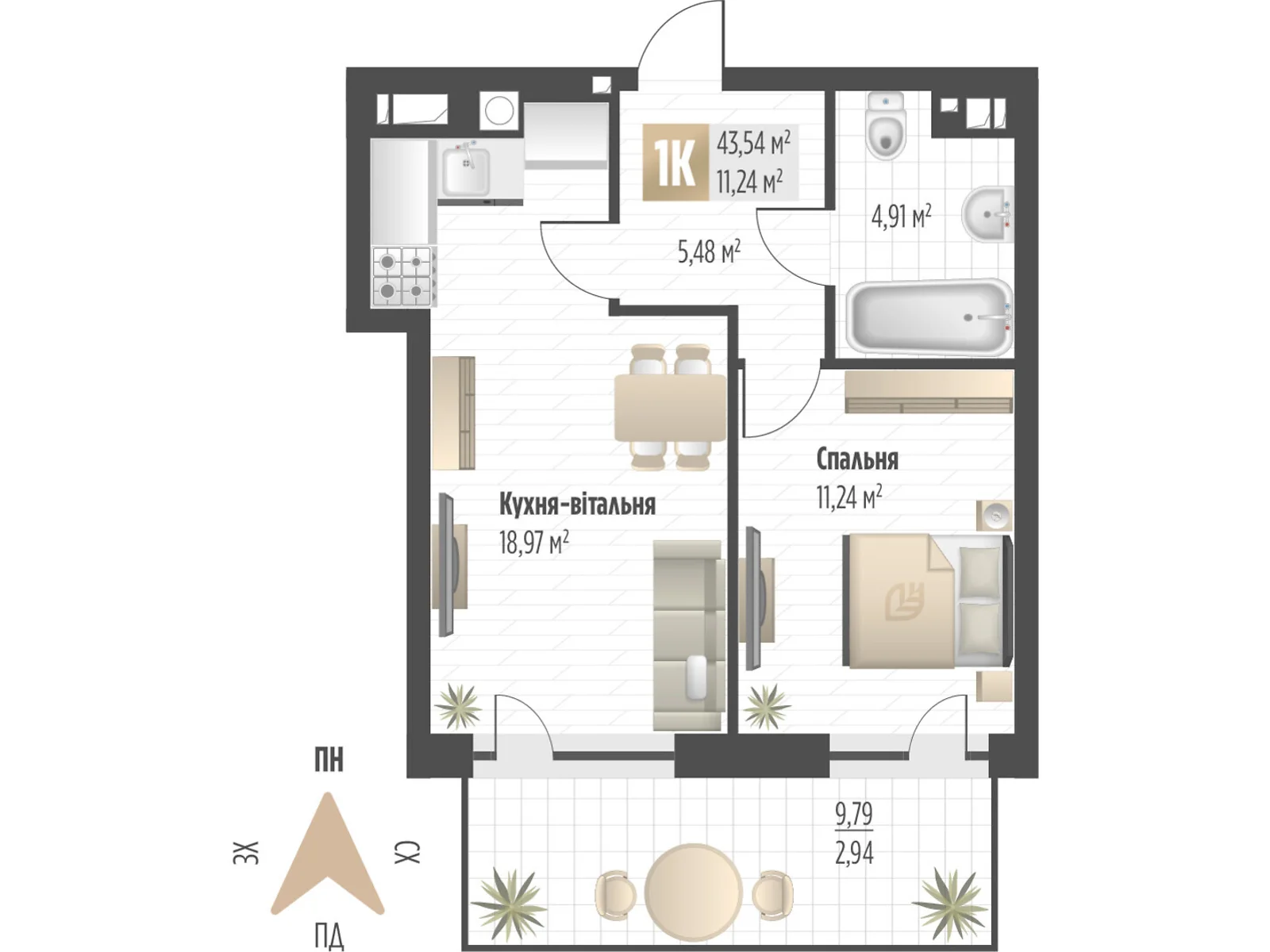 Продается 1-комнатная квартира 43.54 кв. м в Львове, ул. Орлика, 52 - фото 1