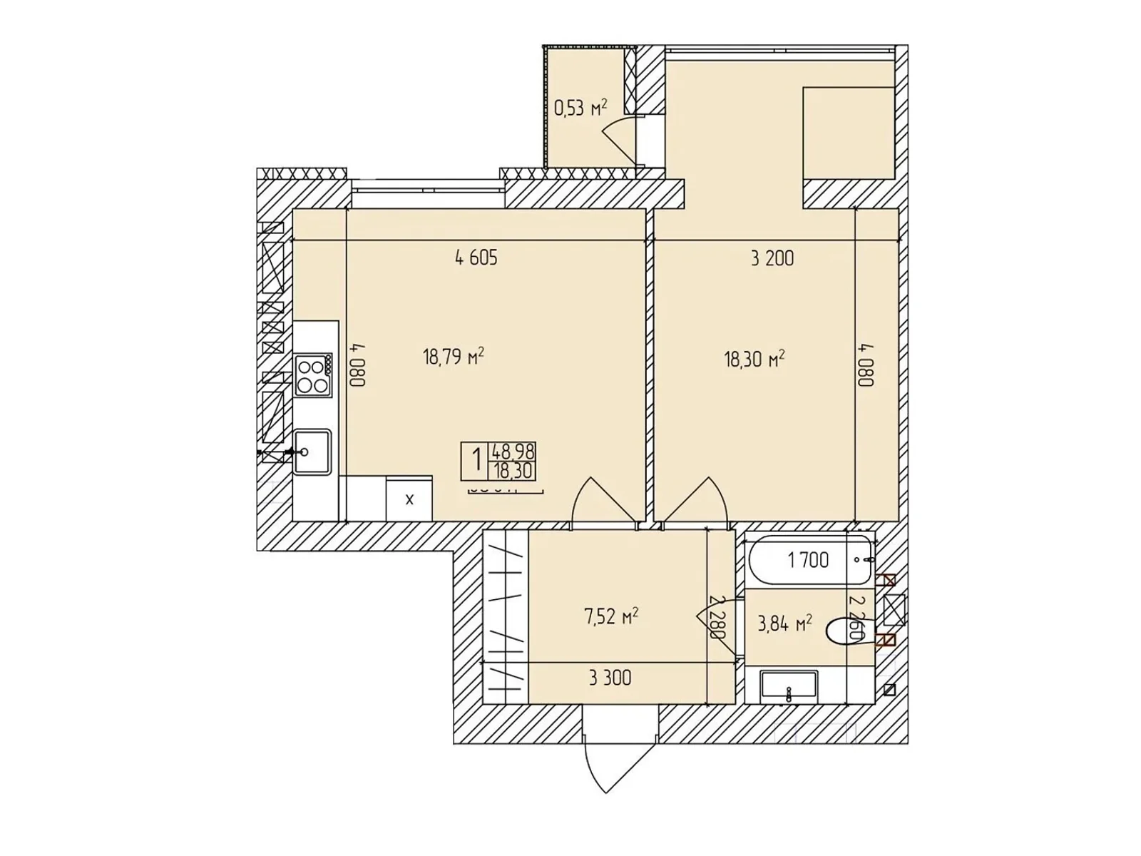 Продается 1-комнатная квартира 48.98 кв. м в, цена: 36450 $ - фото 1
