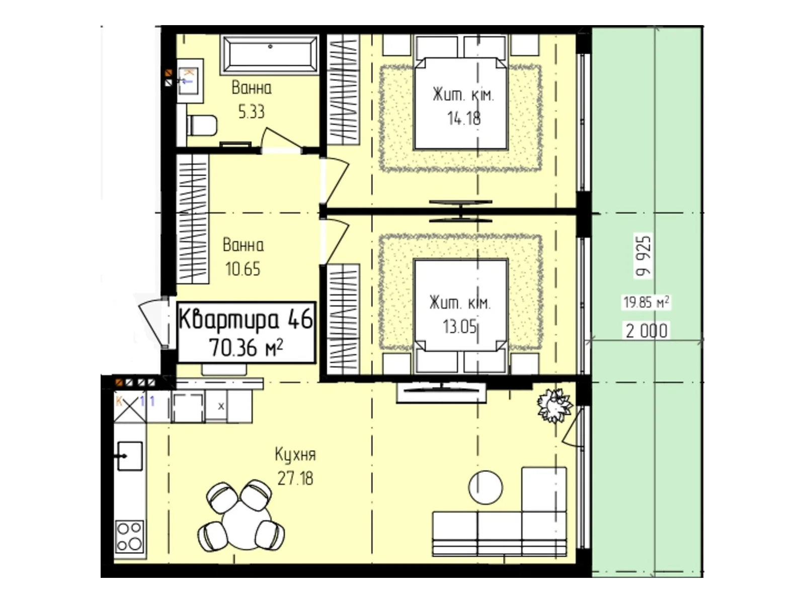 Продається 2-кімнатна квартира 70.36 кв. м у Ужгороді, вул. Собранецька, 129 - фото 1