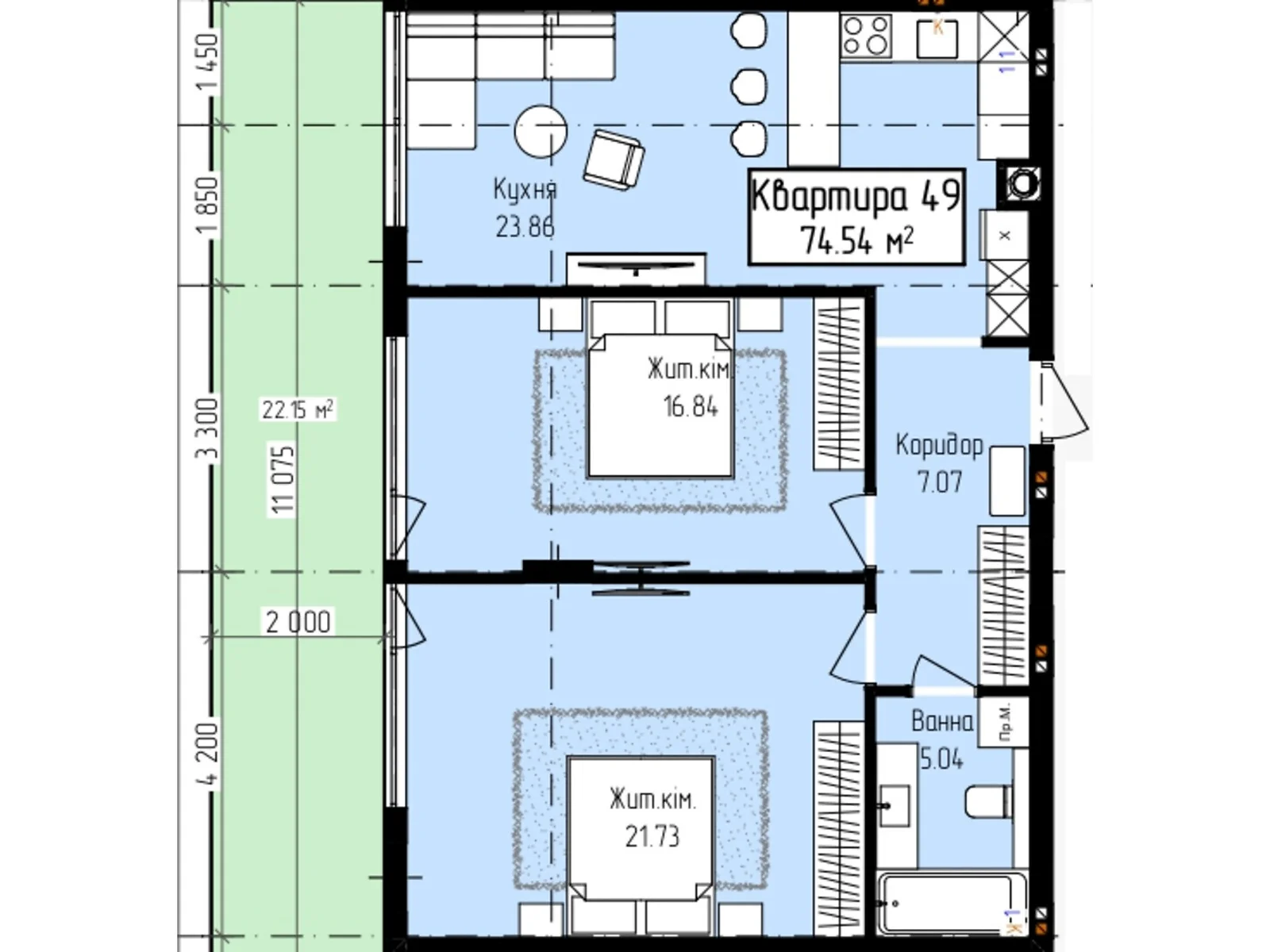 Продається 2-кімнатна квартира 74.54 кв. м у Ужгороді, вул. Собранецька, 137 - фото 1