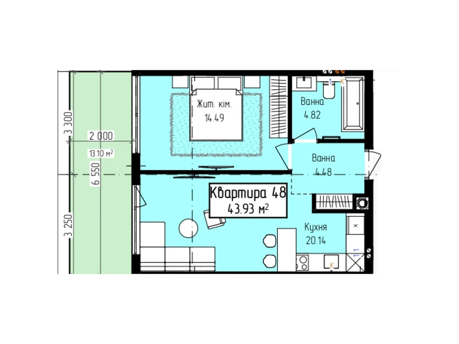 Продається 1-кімнатна квартира 43.93 кв. м у Ужгороді, вул. Собранецька, 137 - фото 1