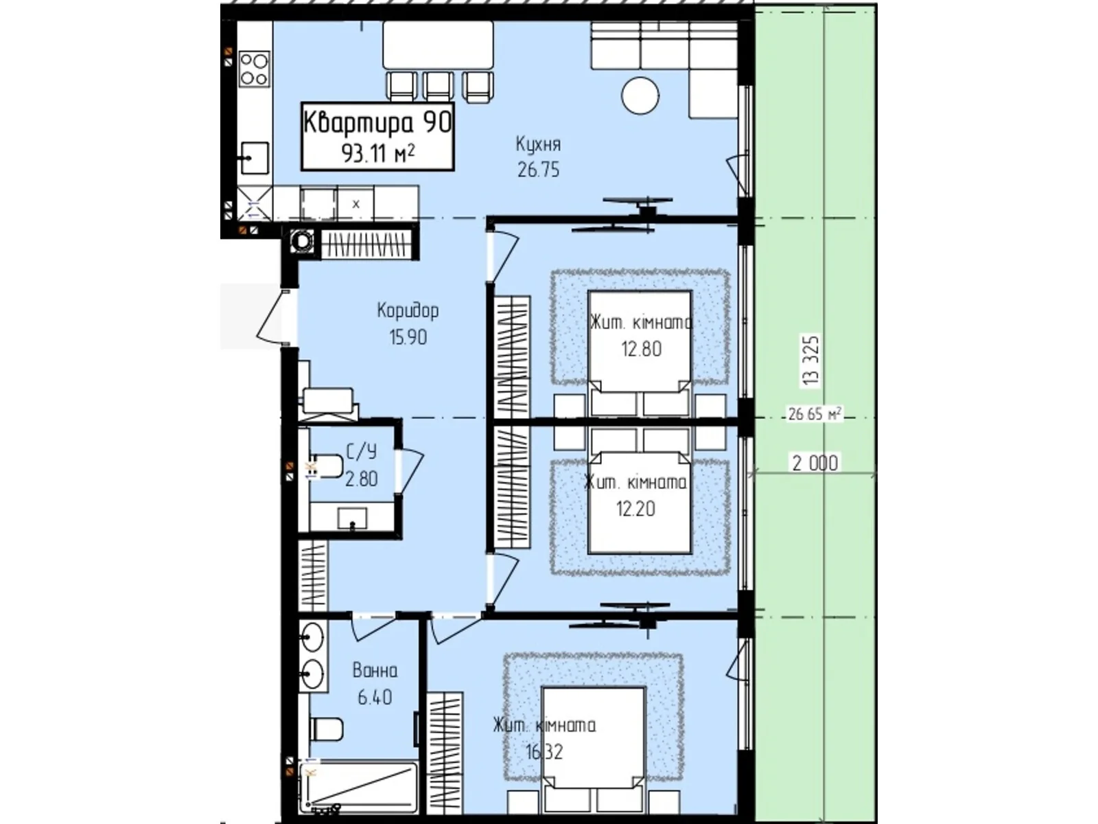 Продається 3-кімнатна квартира 93.11 кв. м у Ужгороді, вул. Собранецька, 129 - фото 1