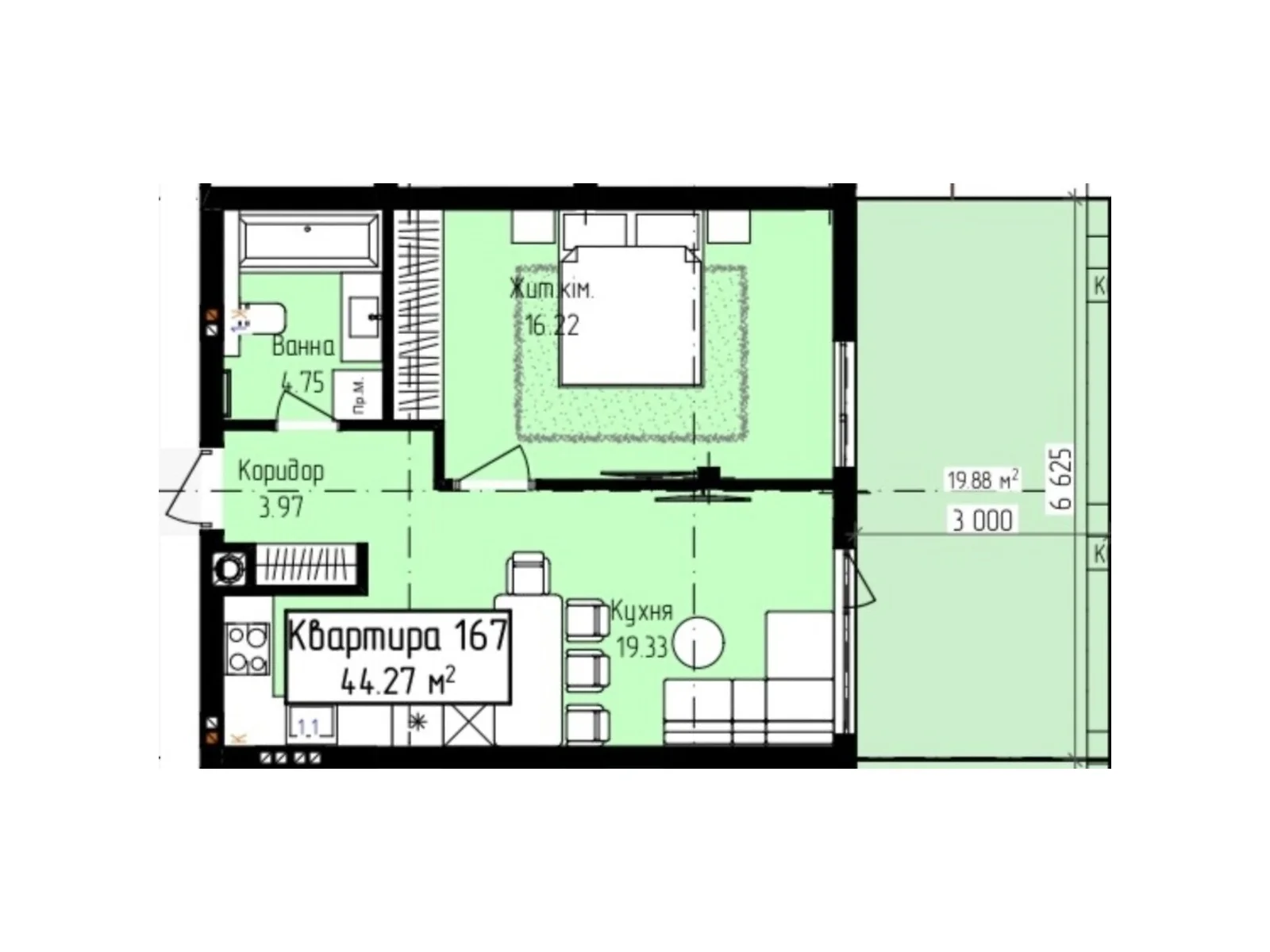 Продається 1-кімнатна квартира 44.27 кв. м у Ужгороді, цена: 55780 $ - фото 1