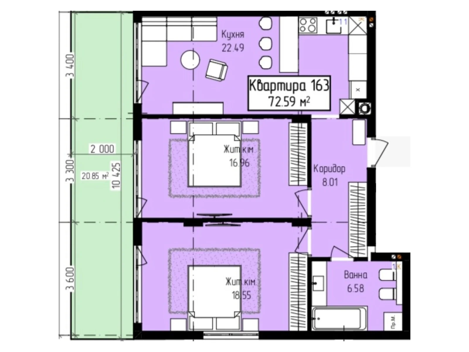 Продається 2-кімнатна квартира 72.59 кв. м у Ужгороді, вул. Собранецька, 129 - фото 1