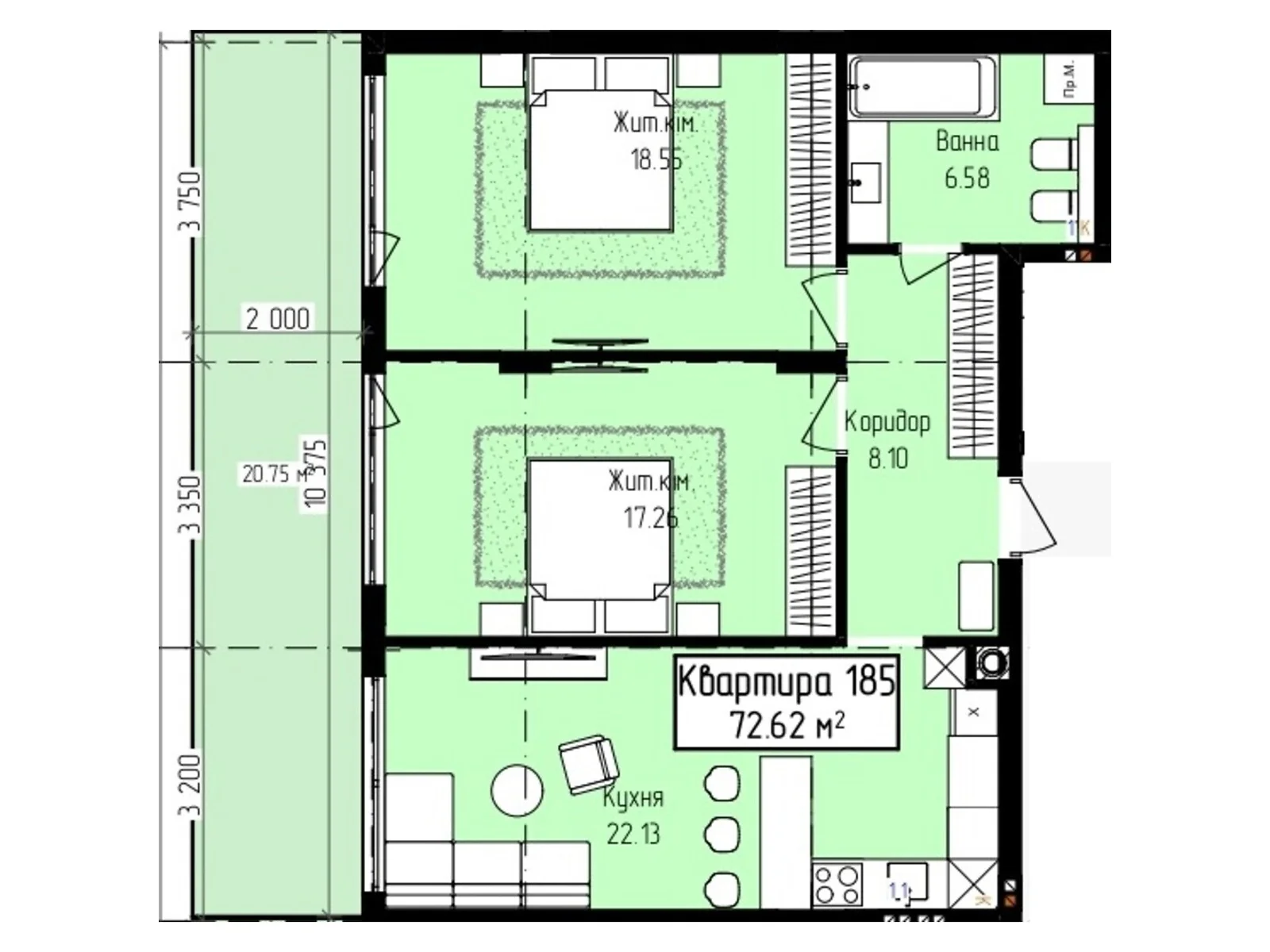 Продається 2-кімнатна квартира 65.18 кв. м у Ужгороді, вул. Собранецька, 129 - фото 1